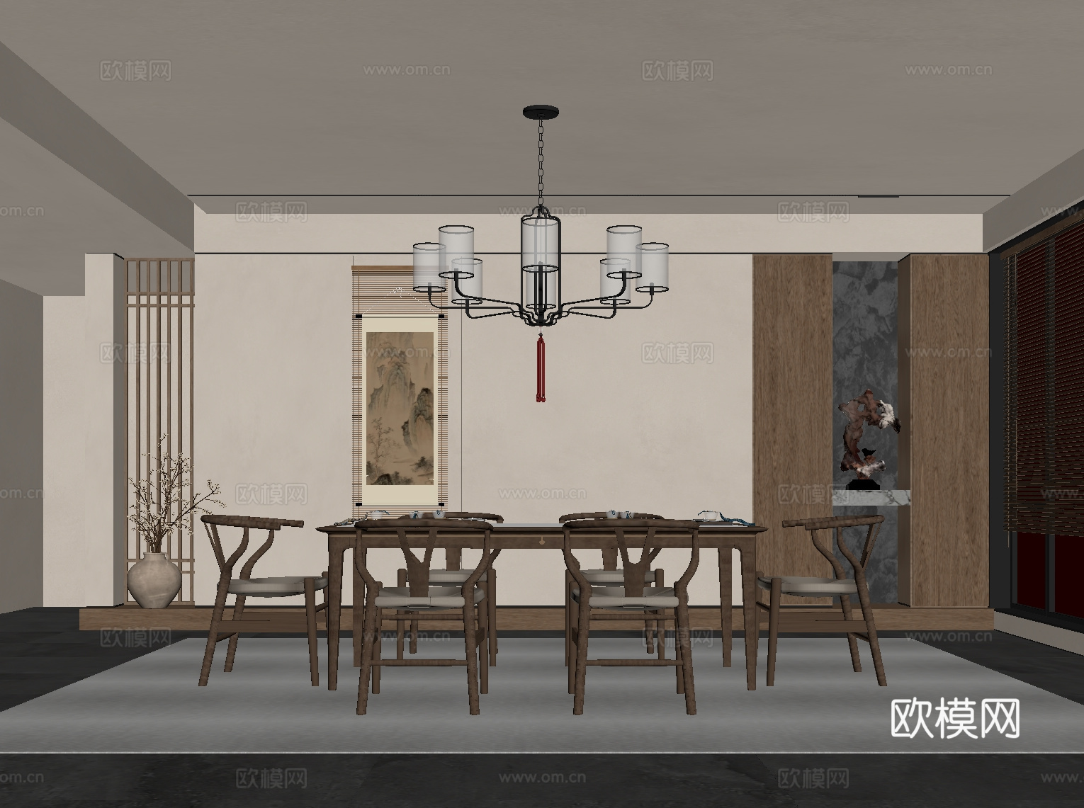 新中式餐厅 餐桌椅 摆件su模型