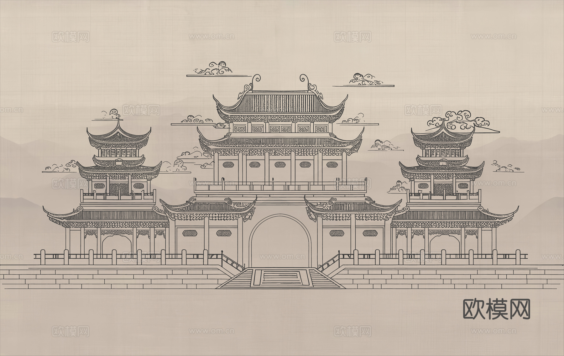 新中式亭台楼阁中式建筑线条肌理工装背景墙