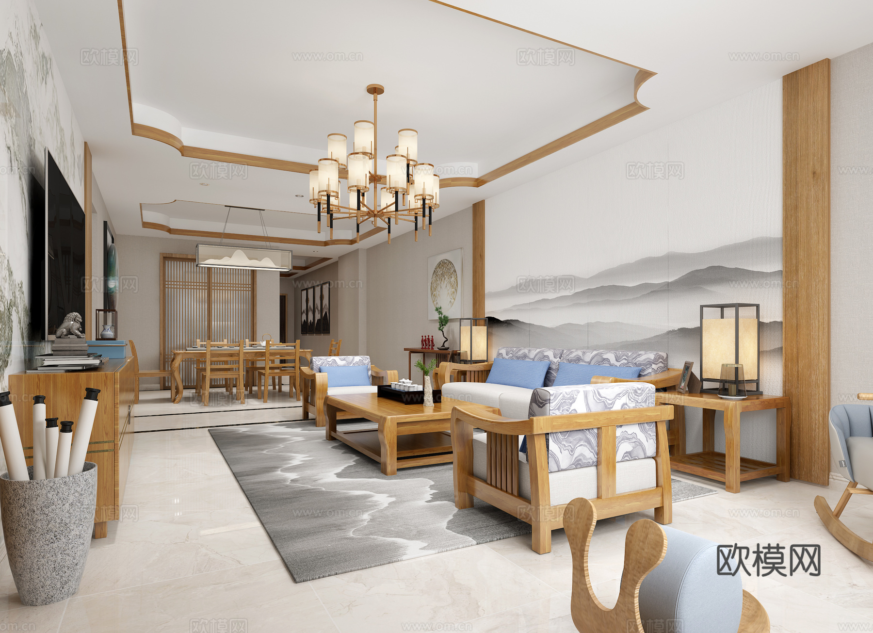 新中式客餐厅 吊灯 单双人沙发 茶几 台灯 背景墙 装饰3d模型