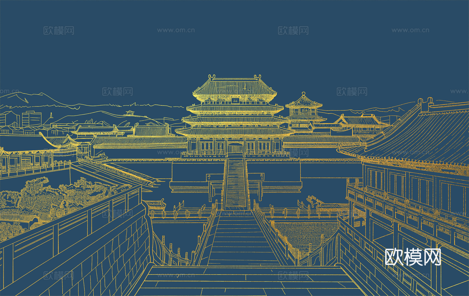 新中式亭台楼阁中式建筑线条肌理工装背景墙下载（渲染图7）