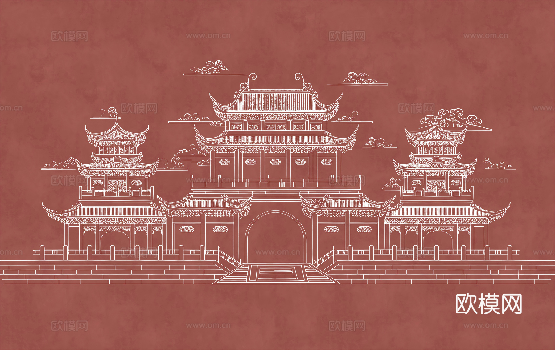 新中式亭台楼阁中式建筑线条肌理工装背景墙
