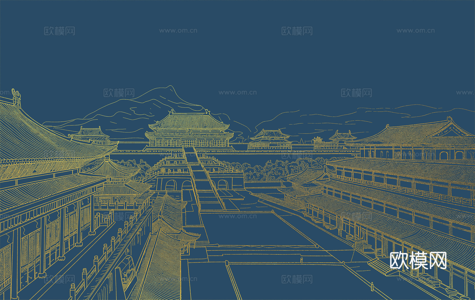 新中式亭台楼阁中式建筑线条肌理工装背景墙下载（渲染图6）