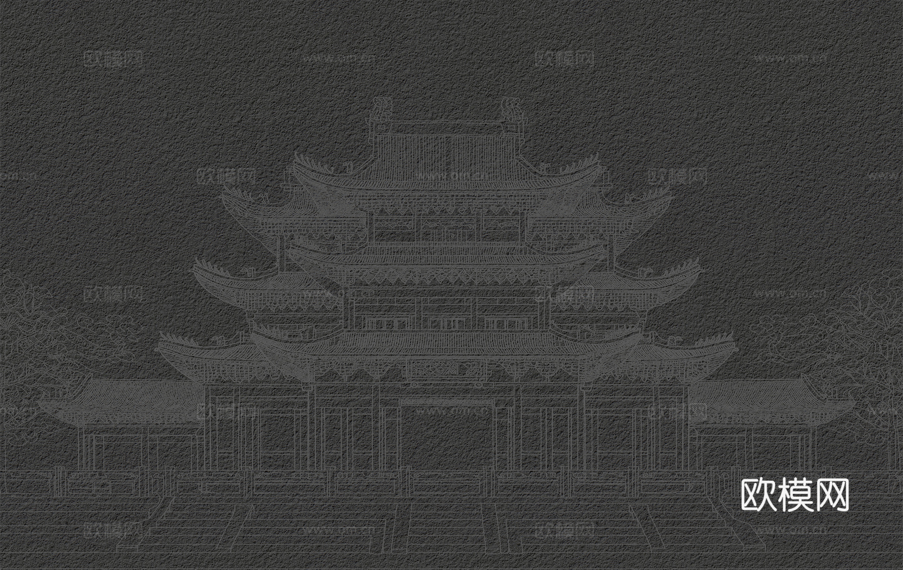 新中式亭台楼阁中式建筑线条肌理工装背景墙