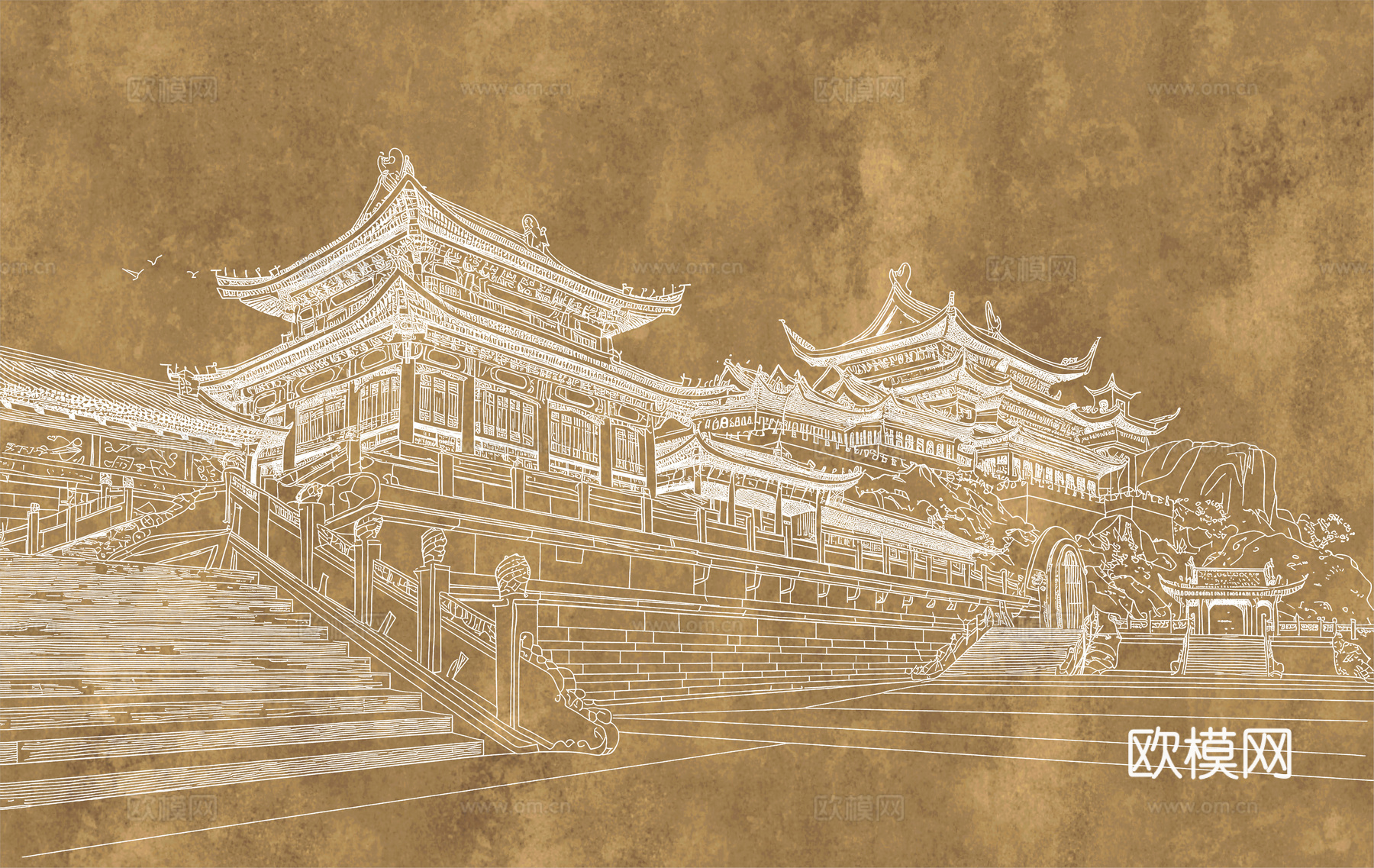 新中式亭台楼阁中式建筑线条肌理工装背景墙