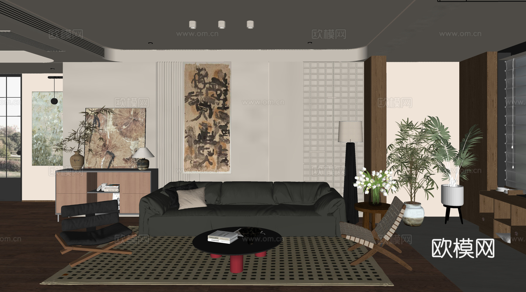 中古家居客厅 小户型客厅 沙发茶几组合 边柜斗柜su模型