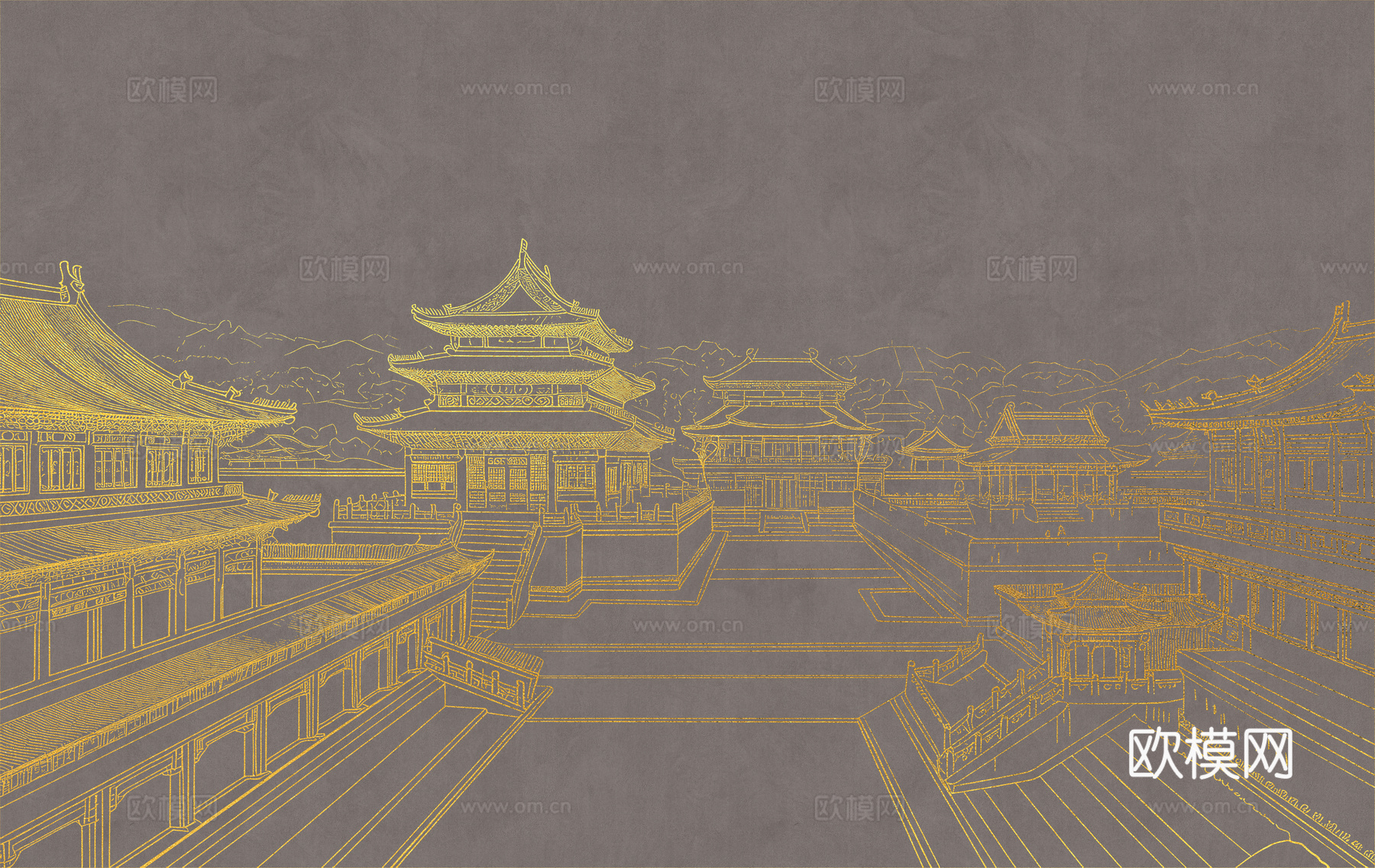 新中式亭台楼阁中式建筑线条肌理工装背景墙