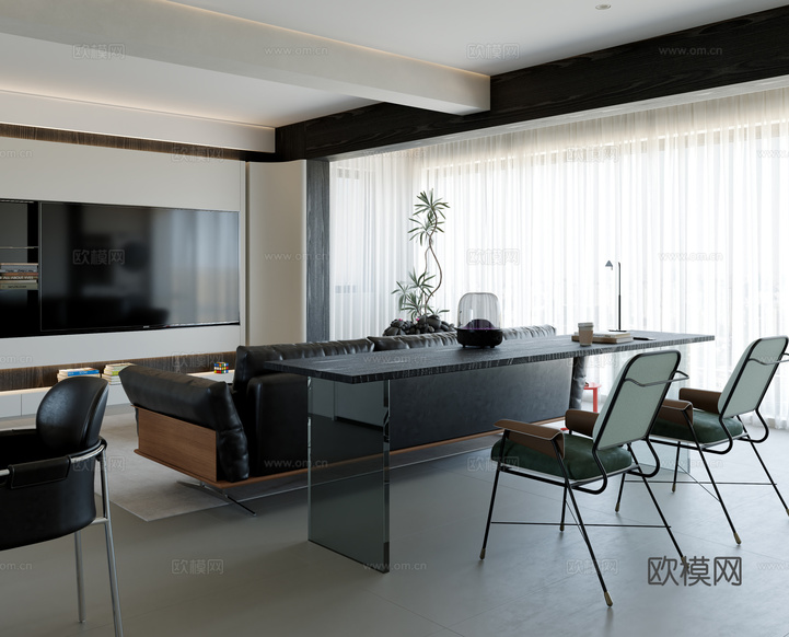 現(xiàn)代黑白灰客餐廳3d模型下載(渲染圖1)