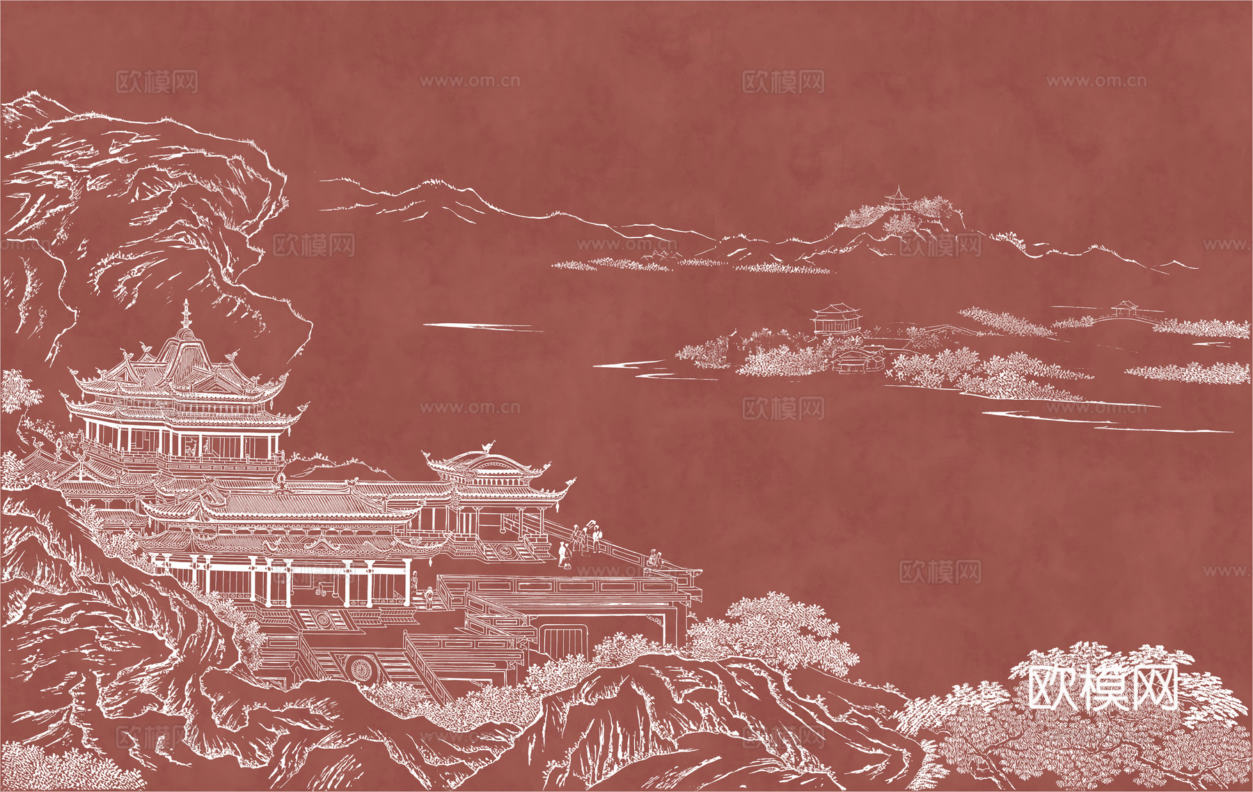 新中式亭台楼阁中式建筑线条肌理工装背景墙下载（渲染图2）