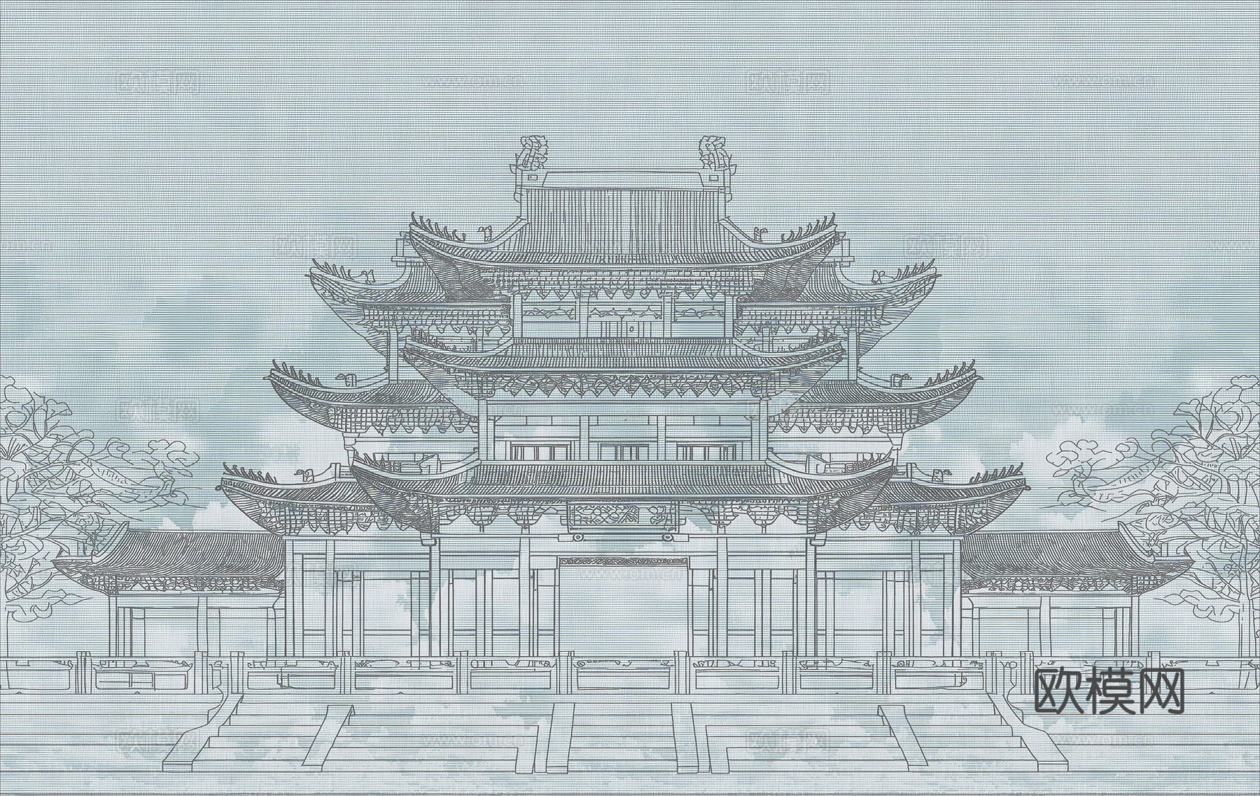 新中式亭台楼阁中式建筑线条肌理工装背景墙