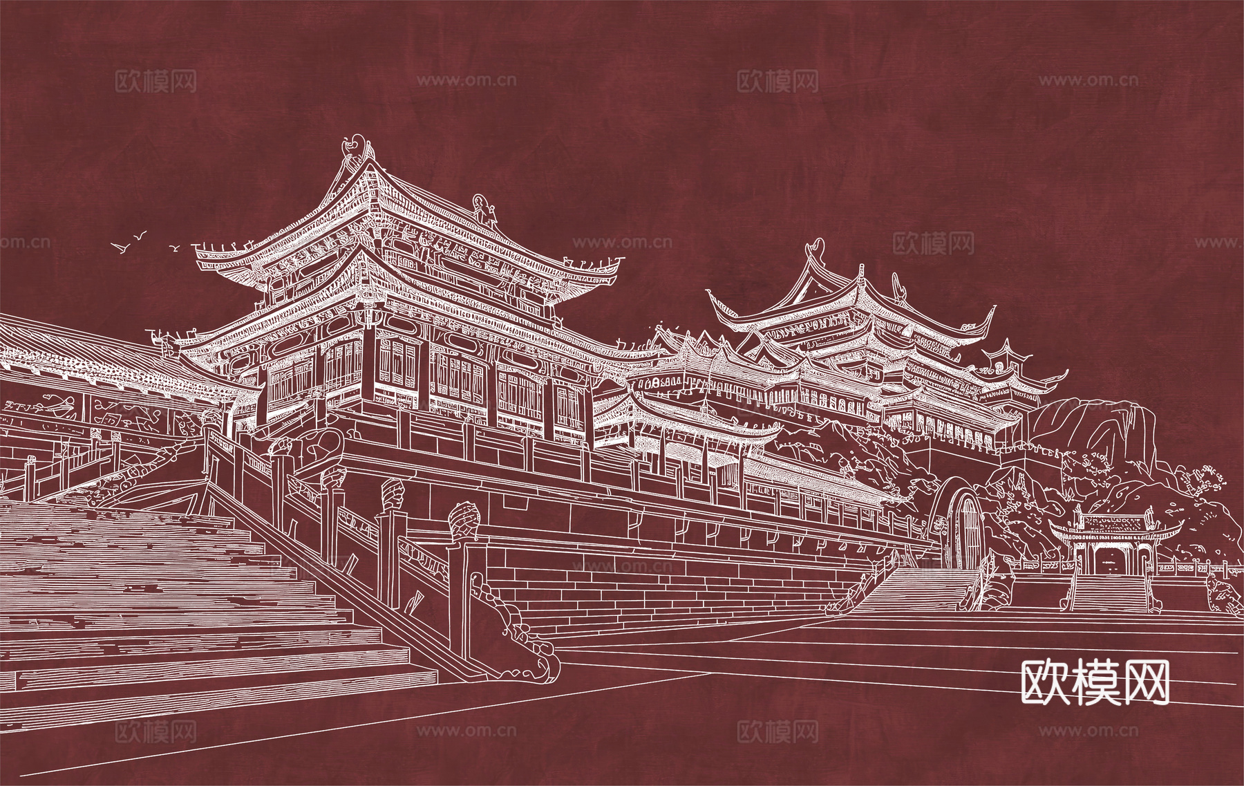 新中式亭台楼阁中式建筑线条肌理工装背景墙