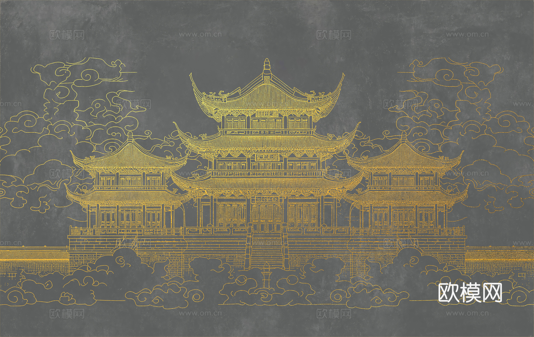 新中式亭台楼阁中式建筑线条肌理工装背景墙