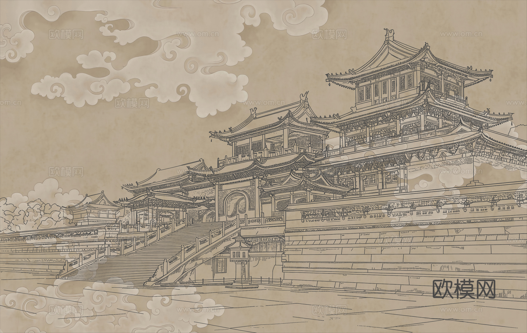 新中式亭台楼阁中式建筑线条肌理工装背景墙