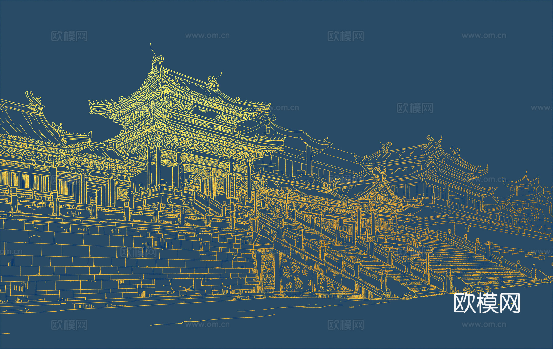 新中式亭台楼阁中式建筑线条肌理工装背景墙下载（渲染图4）