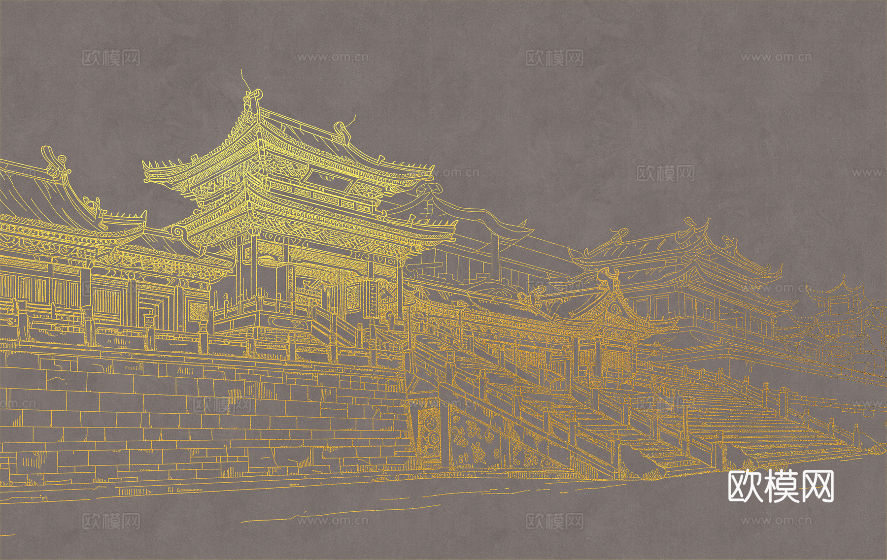 新中式亭台楼阁中式建筑线条肌理工装背景墙