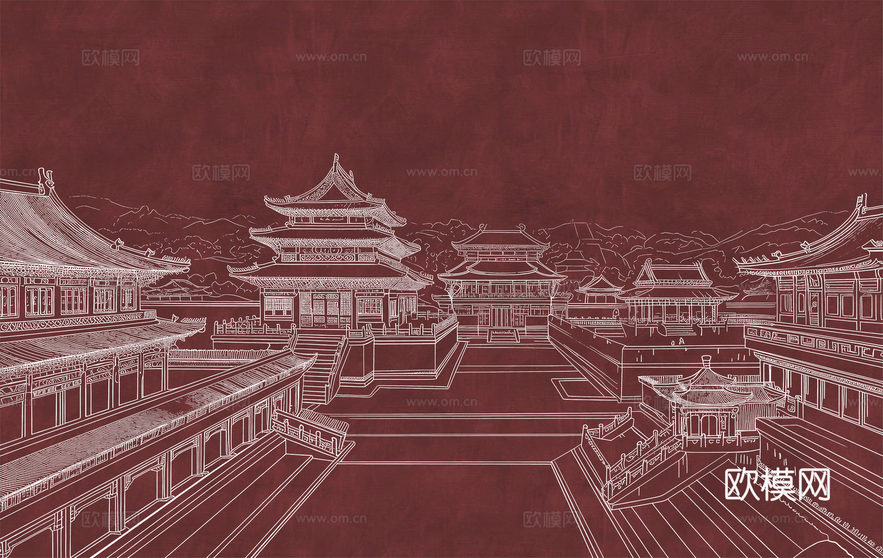 新中式亭台楼阁中式建筑线条肌理工装背景墙