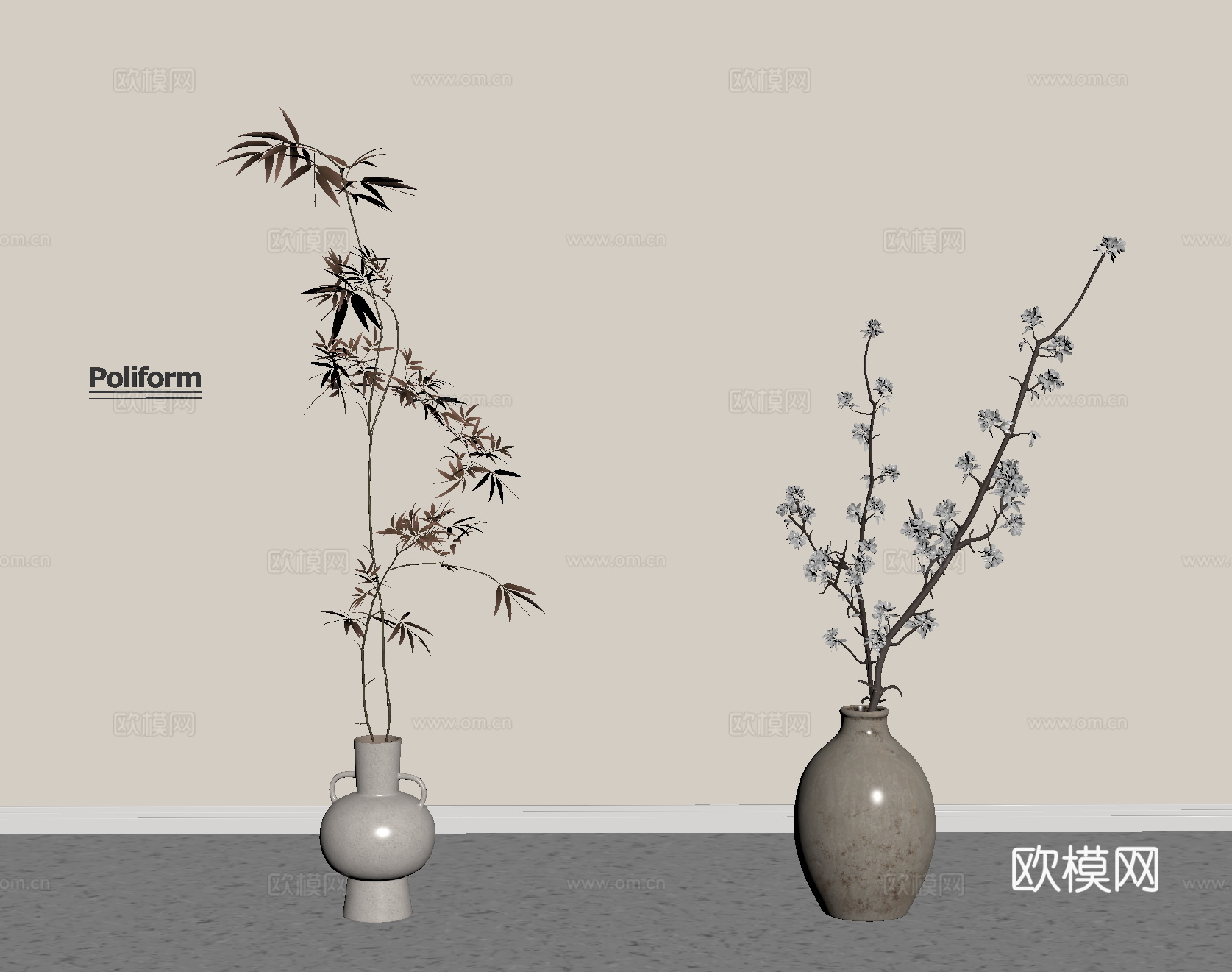 干枝花艺 花艺花瓶 陶罐su模型