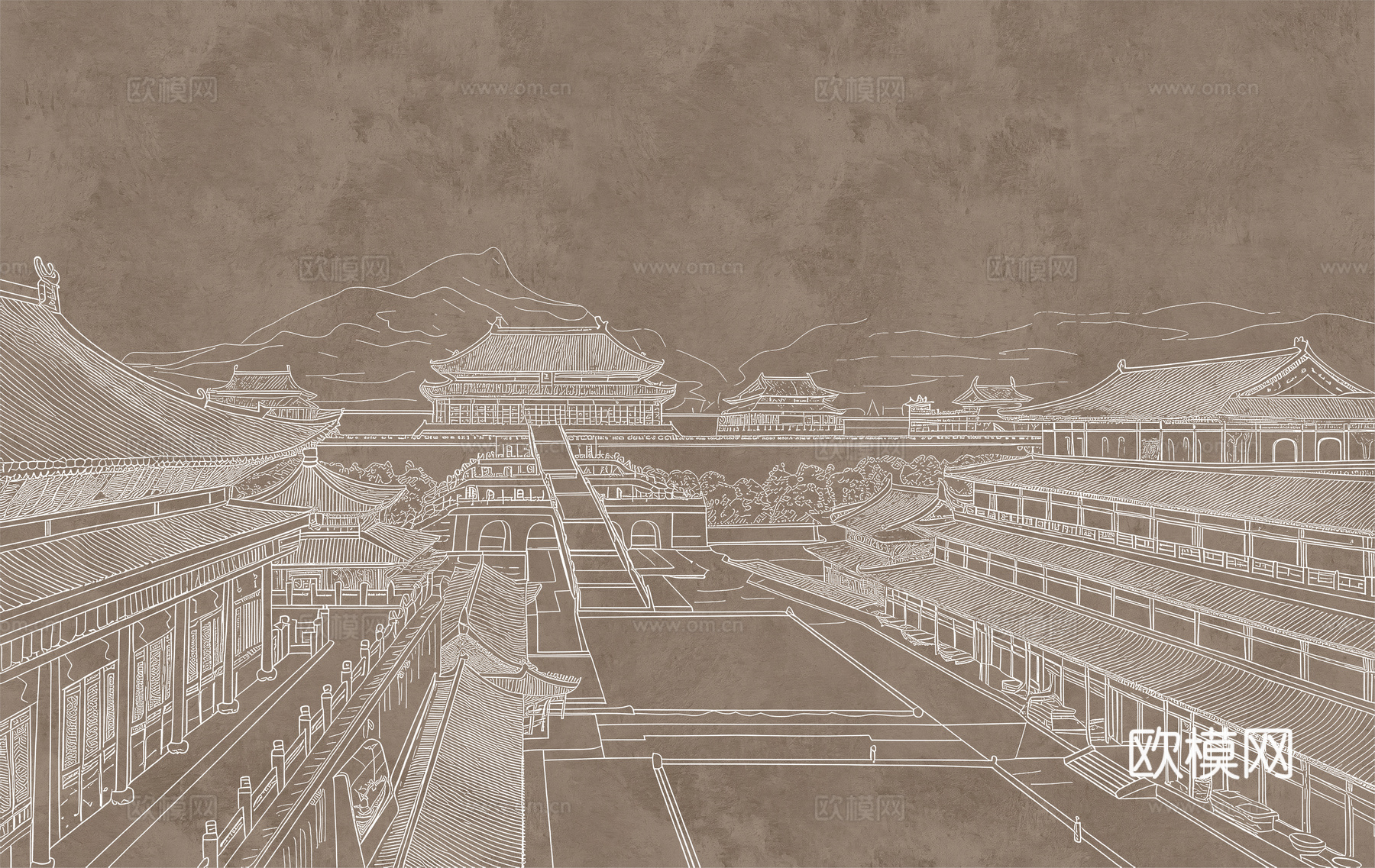 新中式亭台楼阁中式建筑线条肌理工装背景墙