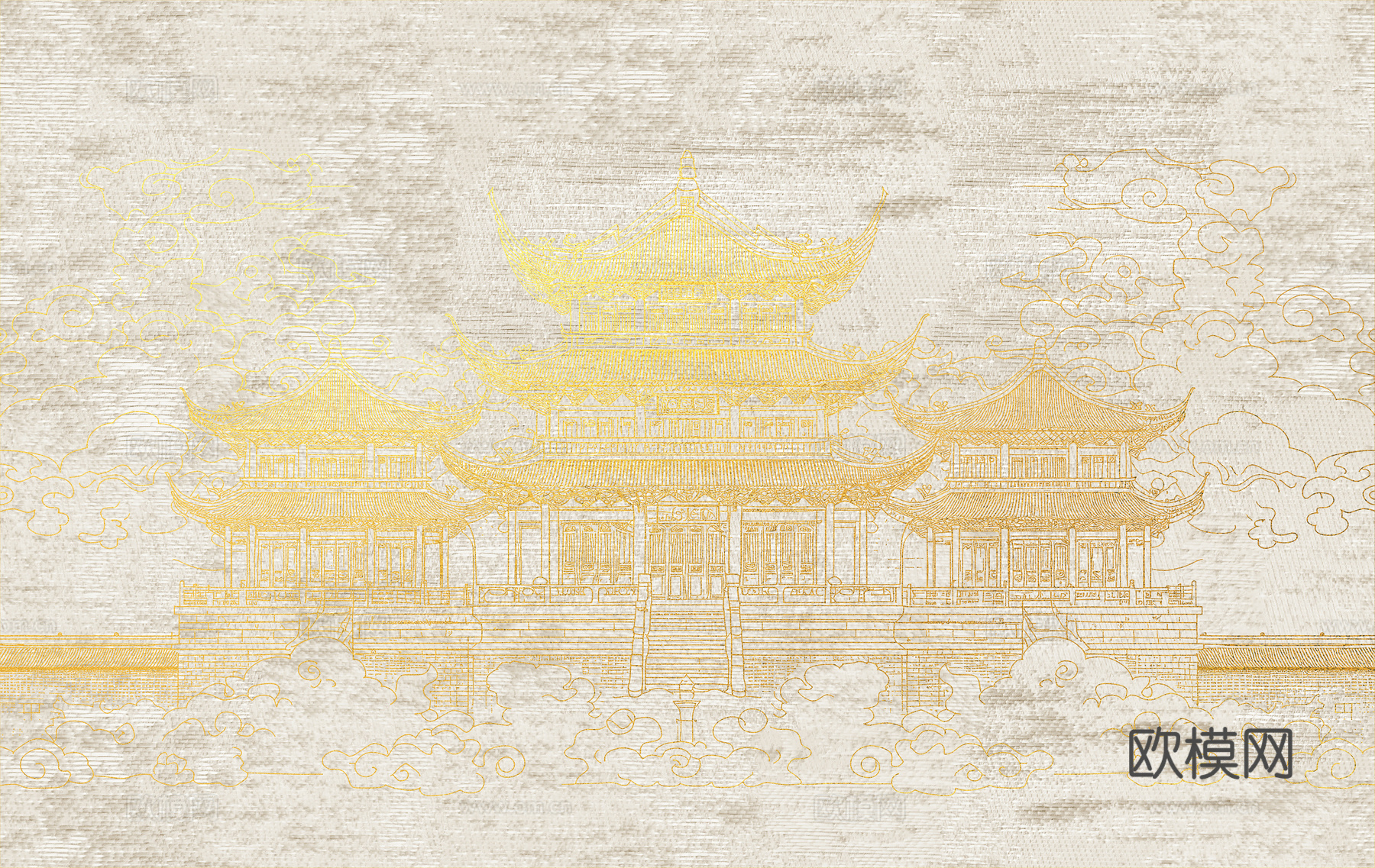 新中式亭台楼阁中式建筑线条肌理工装背景墙