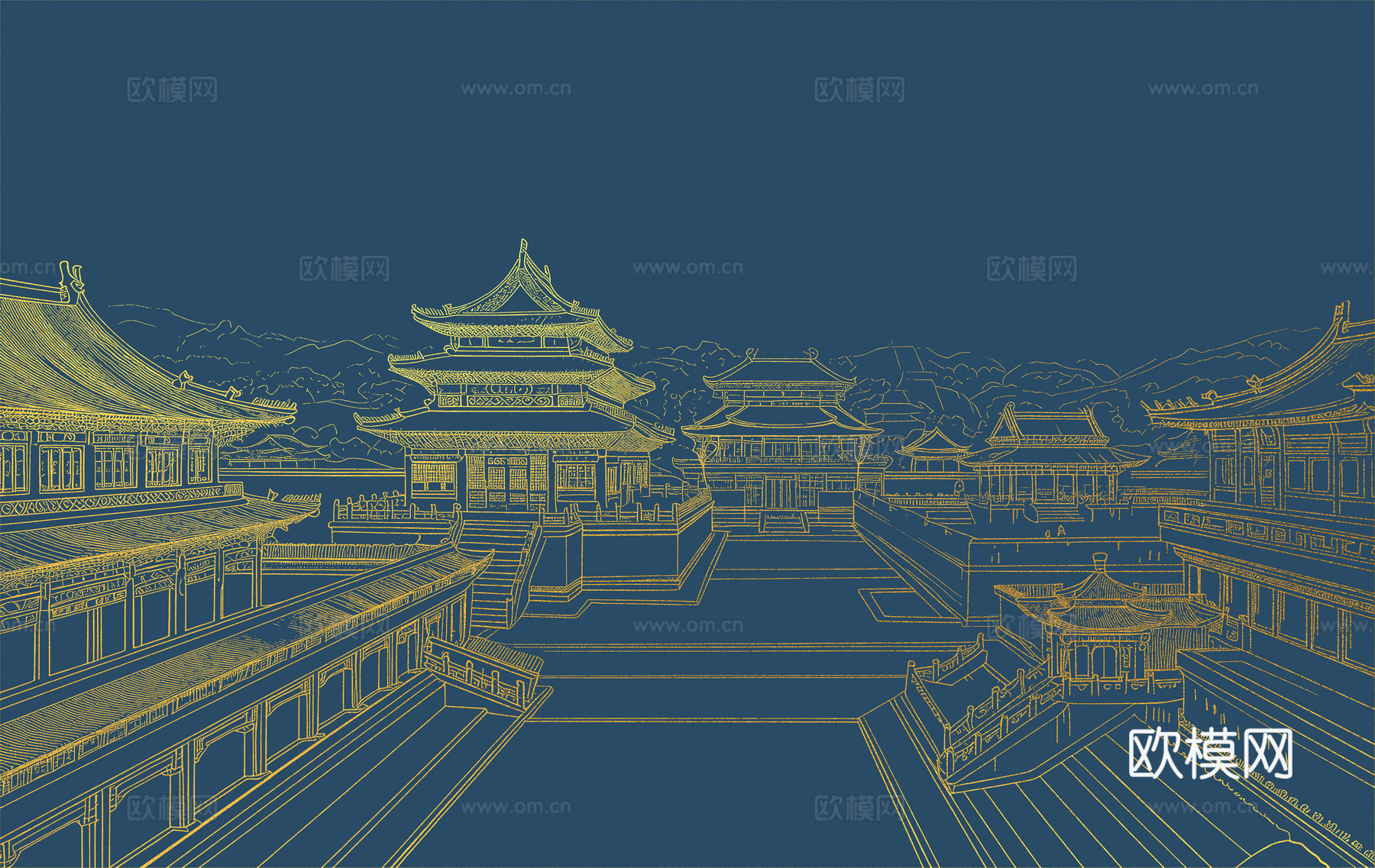 新中式亭台楼阁中式建筑线条肌理工装背景墙下载（渲染图8）