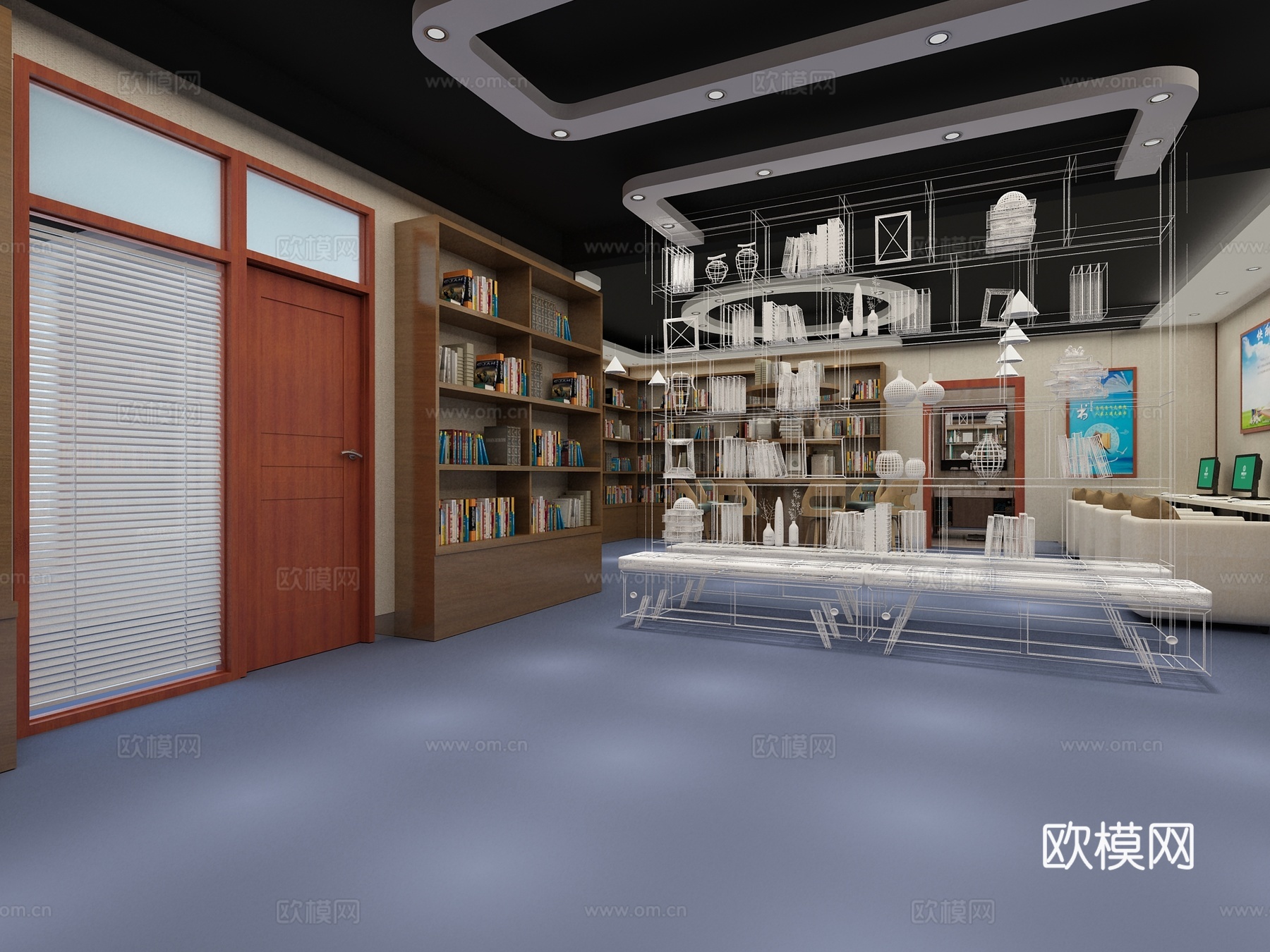 村小型图书室圆形书吧电子阅览区百叶窗3d模型
