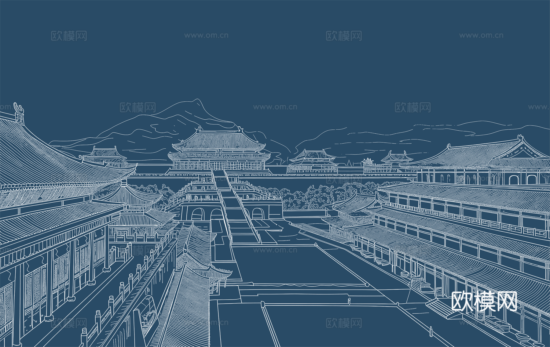 新中式亭台楼阁中式建筑线条肌理工装背景墙下载（渲染图2）
