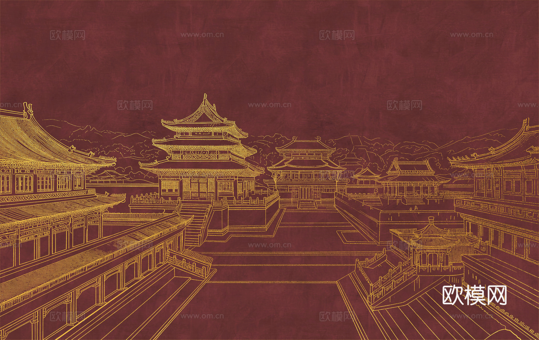 新中式亭台楼阁中式建筑线条肌理工装背景墙