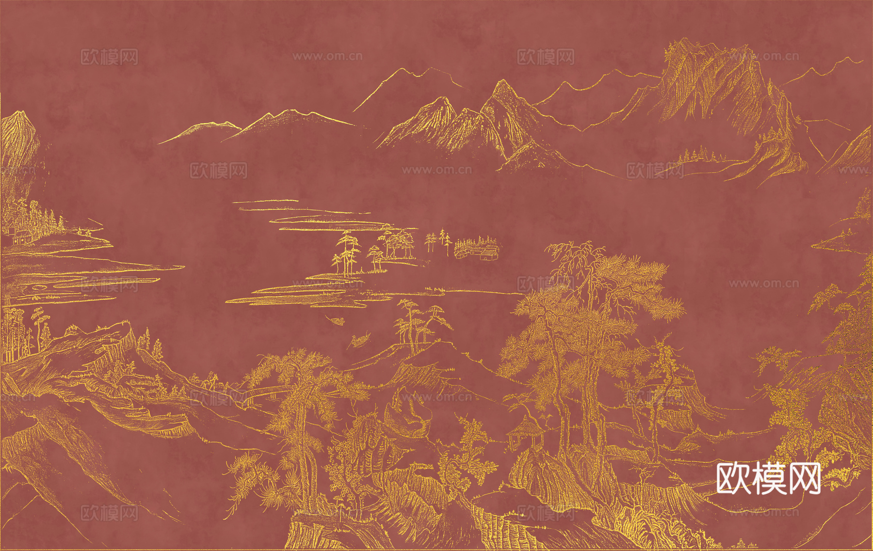 新中式亭台楼阁中式建筑线条肌理工装背景墙下载（渲染图5）