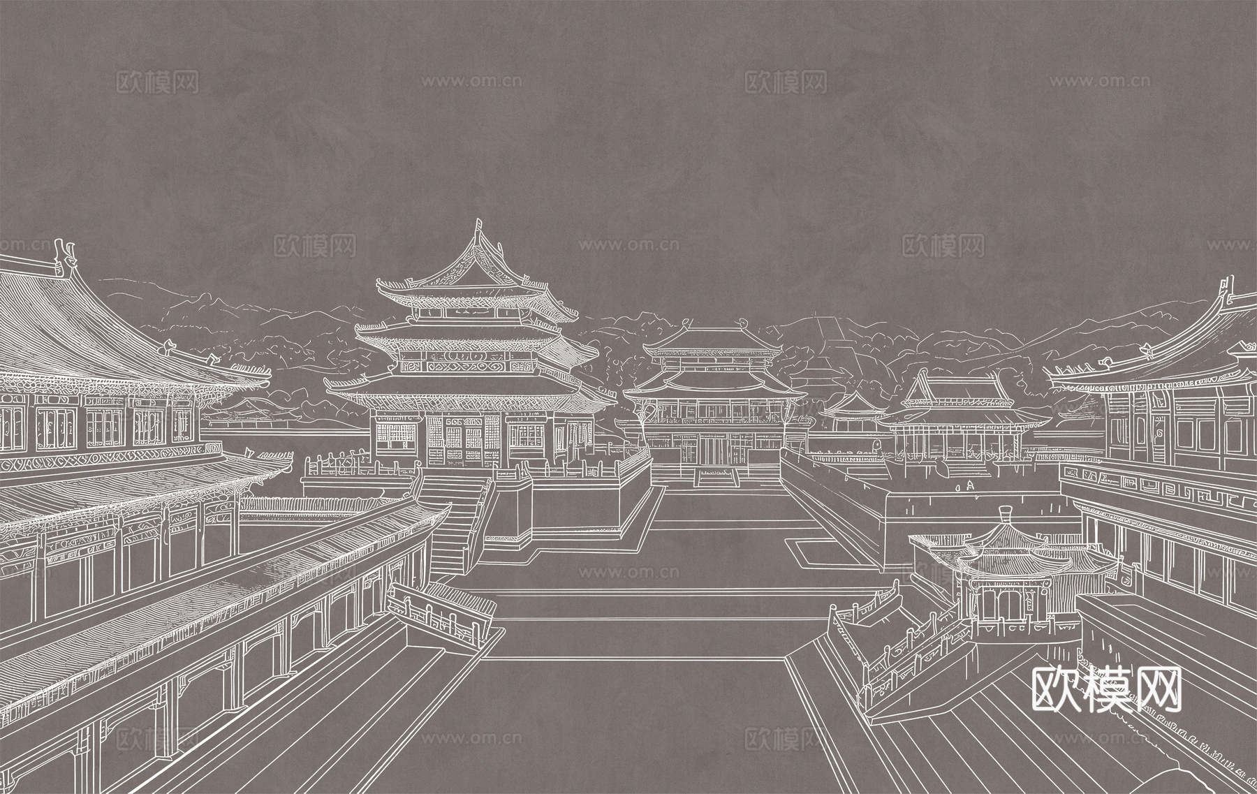 新中式亭台楼阁中式建筑线条肌理工装背景墙