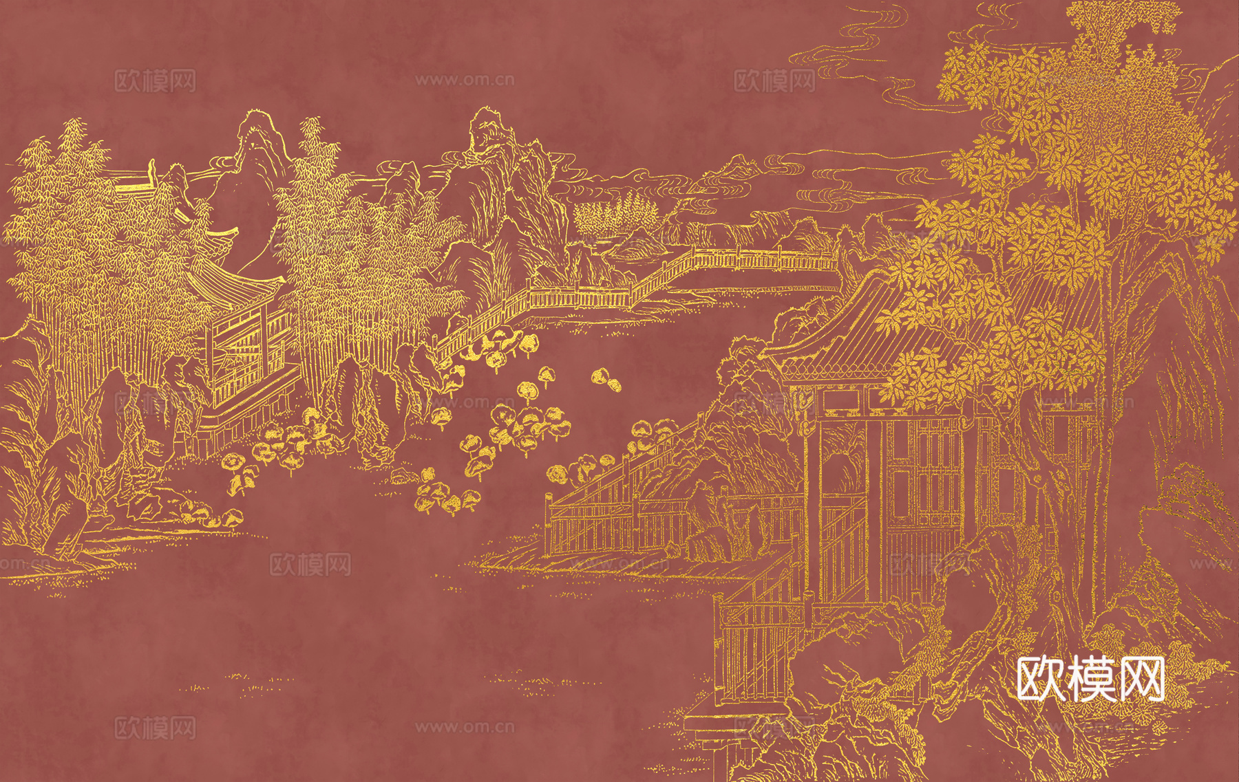 新中式亭台楼阁中式建筑线条肌理工装背景墙下载（渲染图6）
