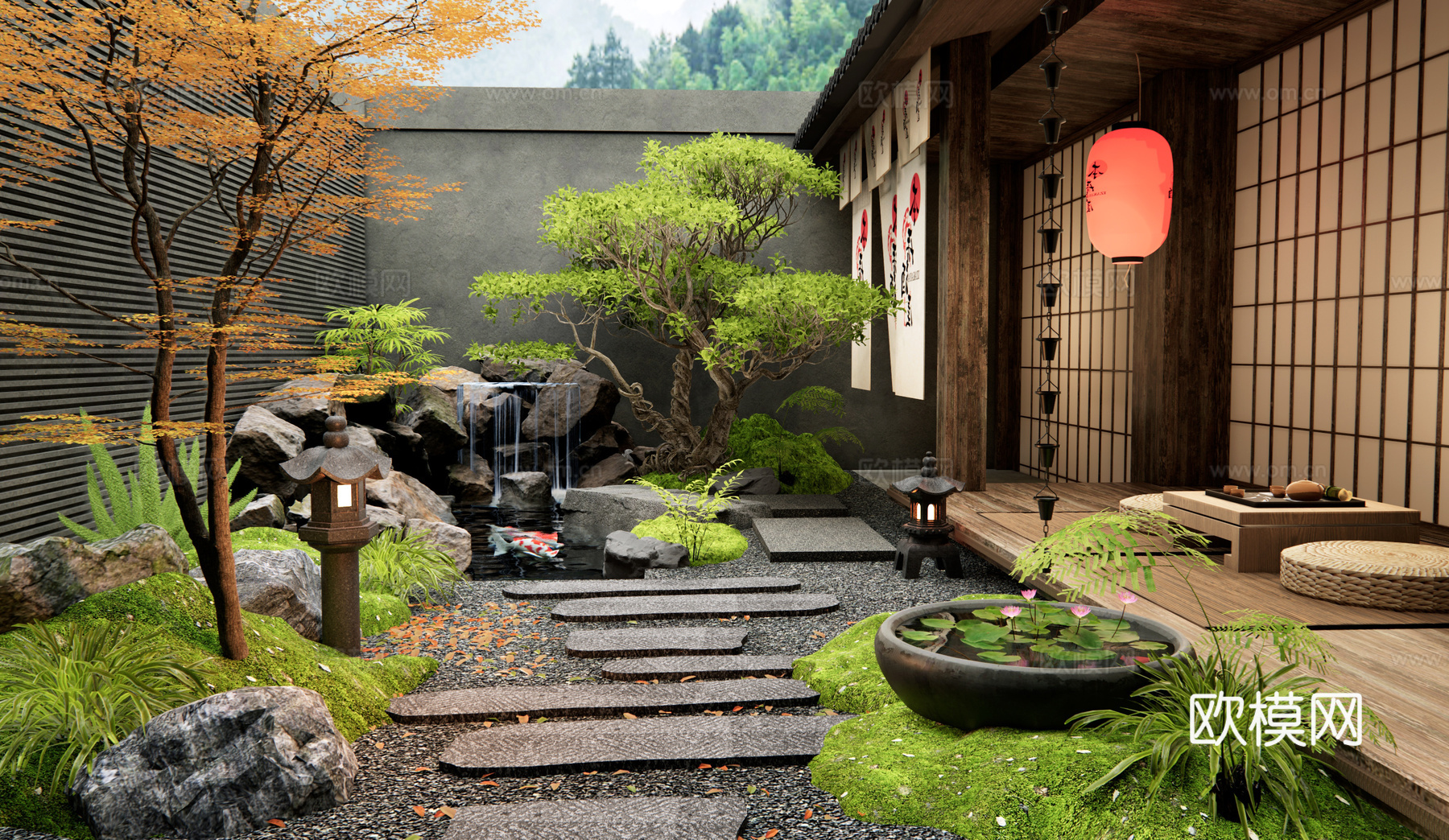 日式禅意庭院景观 假山水景 青石汀步 苔藓植物 水钵雨链su模型