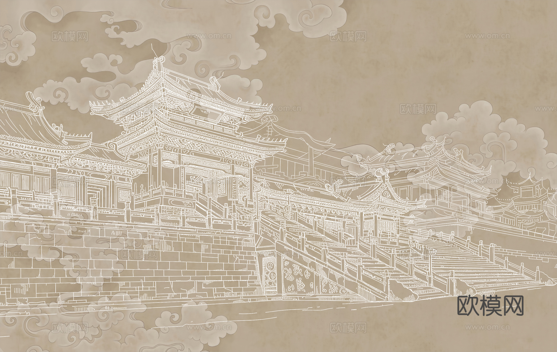 新中式亭台楼阁中式建筑线条肌理工装背景墙