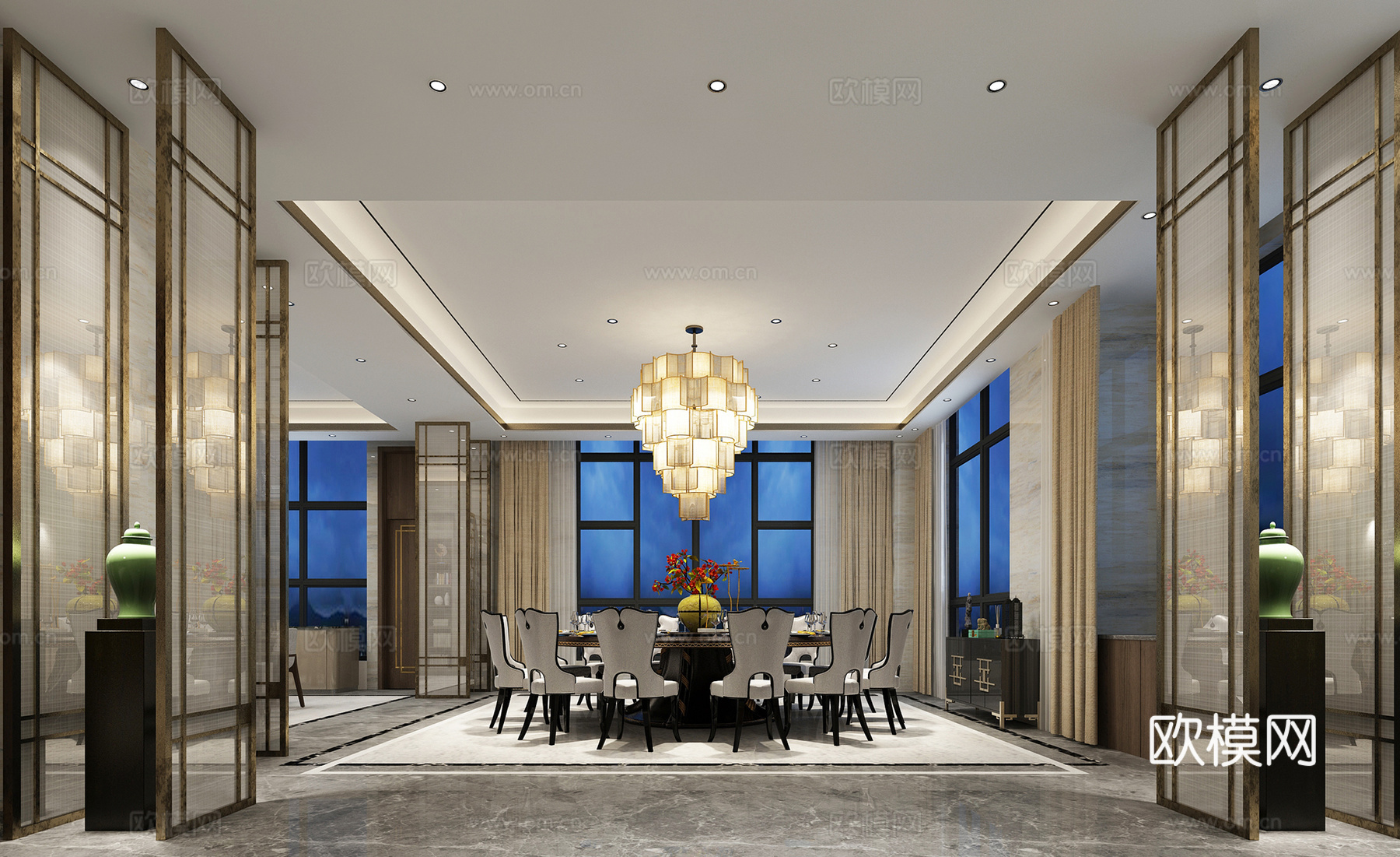 新中式餐厅 餐桌椅 壁橱 吊灯3d模型