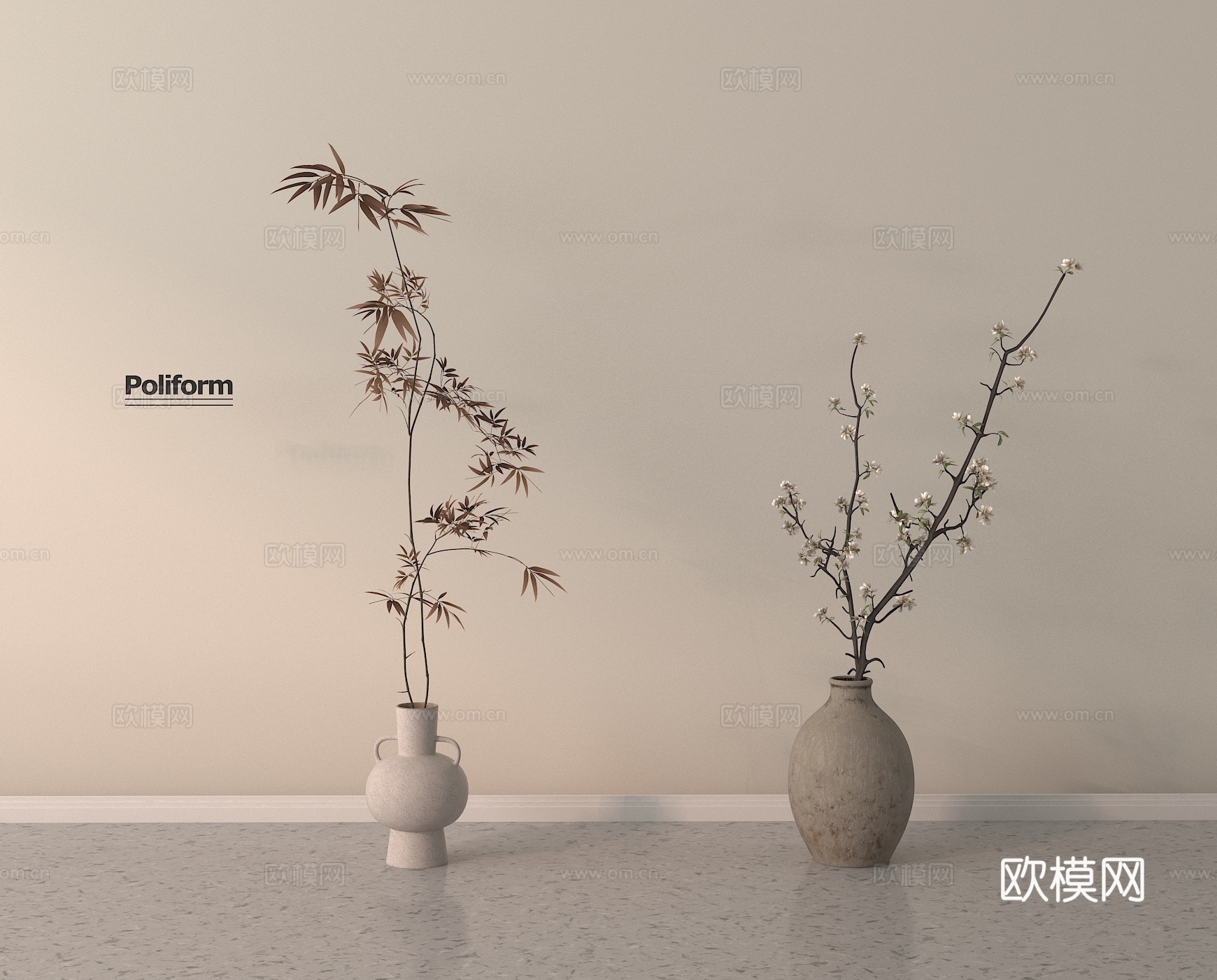 干枝花艺 花艺花瓶 陶罐su模型