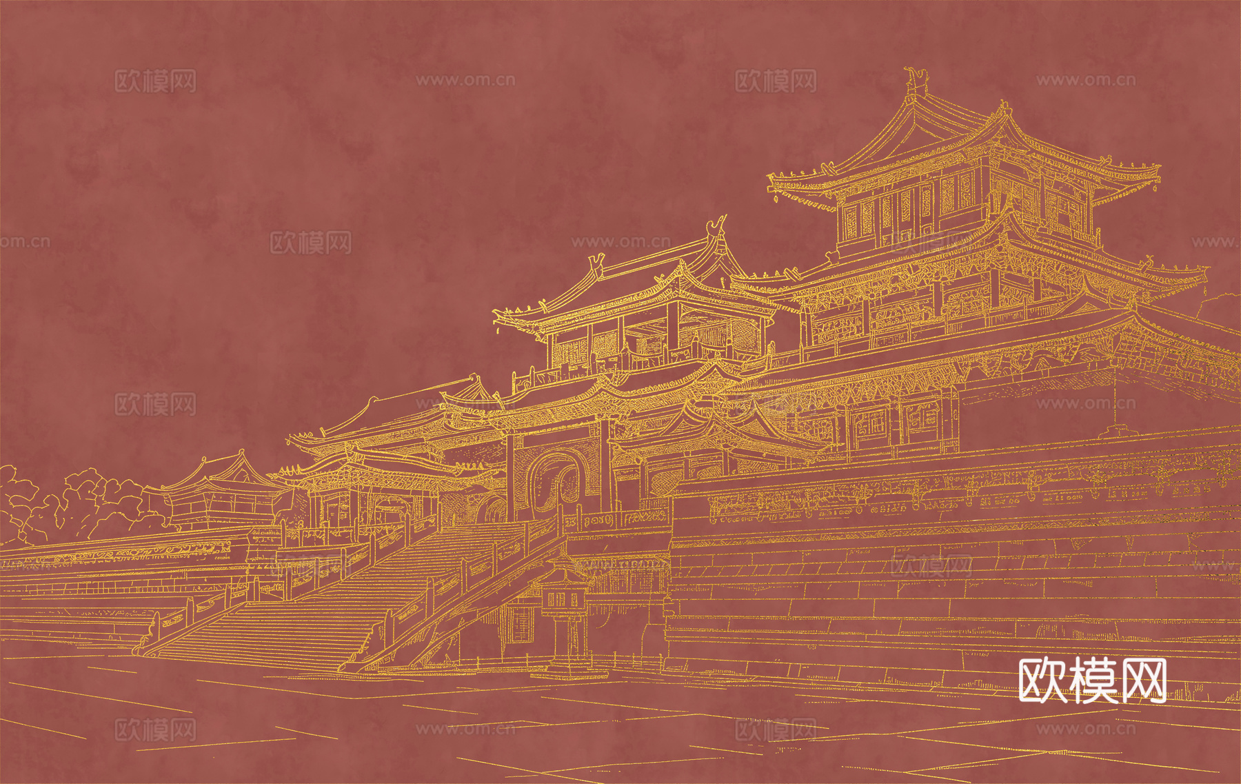 新中式亭台楼阁中式建筑线条肌理工装背景墙