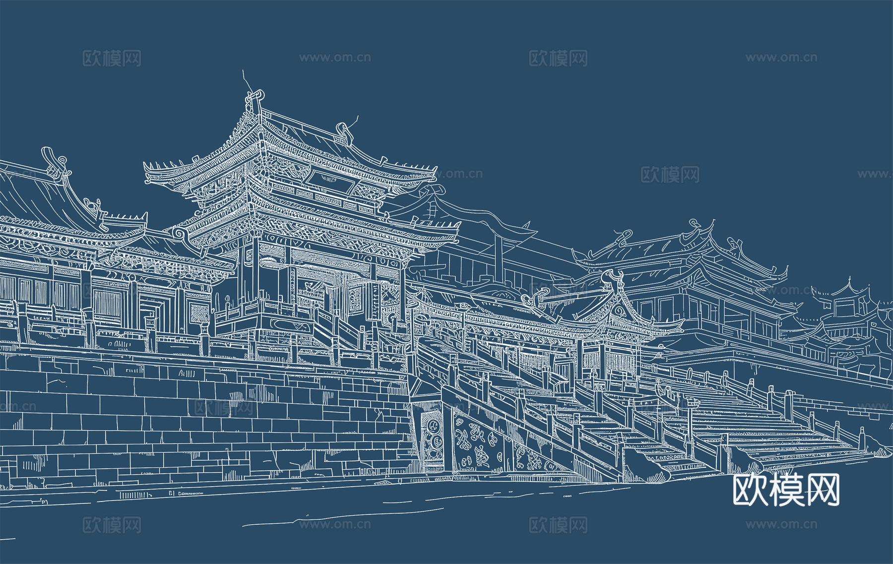 新中式亭台楼阁中式建筑线条肌理工装背景墙下载（渲染图1）