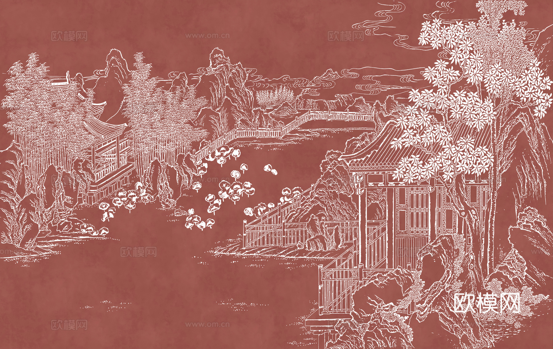 新中式亭台楼阁中式建筑线条肌理工装背景墙下载（渲染图7）