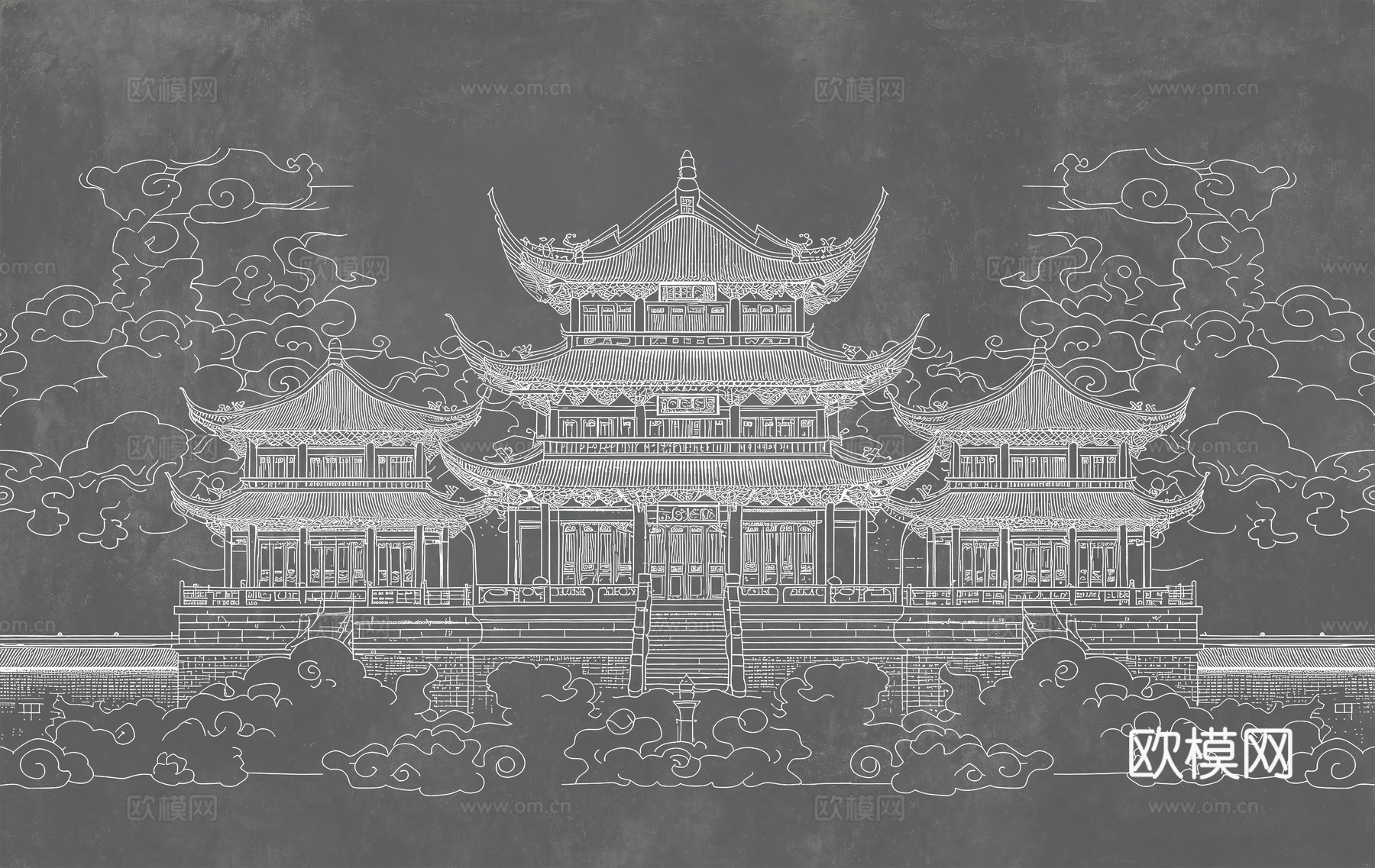 新中式亭台楼阁中式建筑线条肌理工装背景墙
