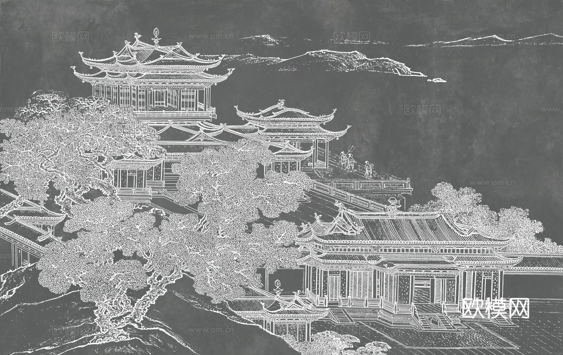 新中式亭台楼阁中式建筑线条肌理工装背景墙