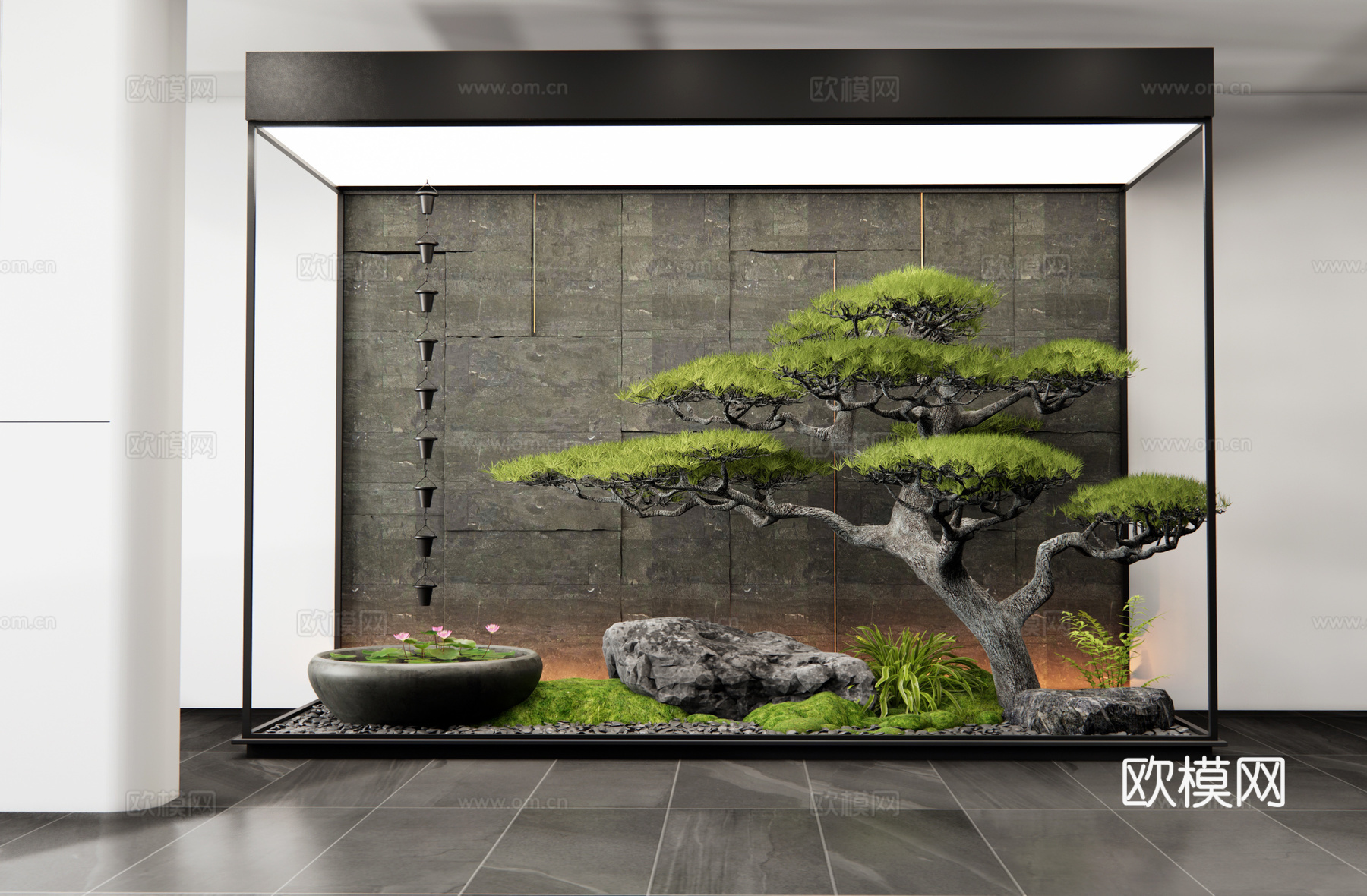 新中室内景观 天井庭院小品 石头 苔藓 水钵 雨链 植物造景3d模型3d模型