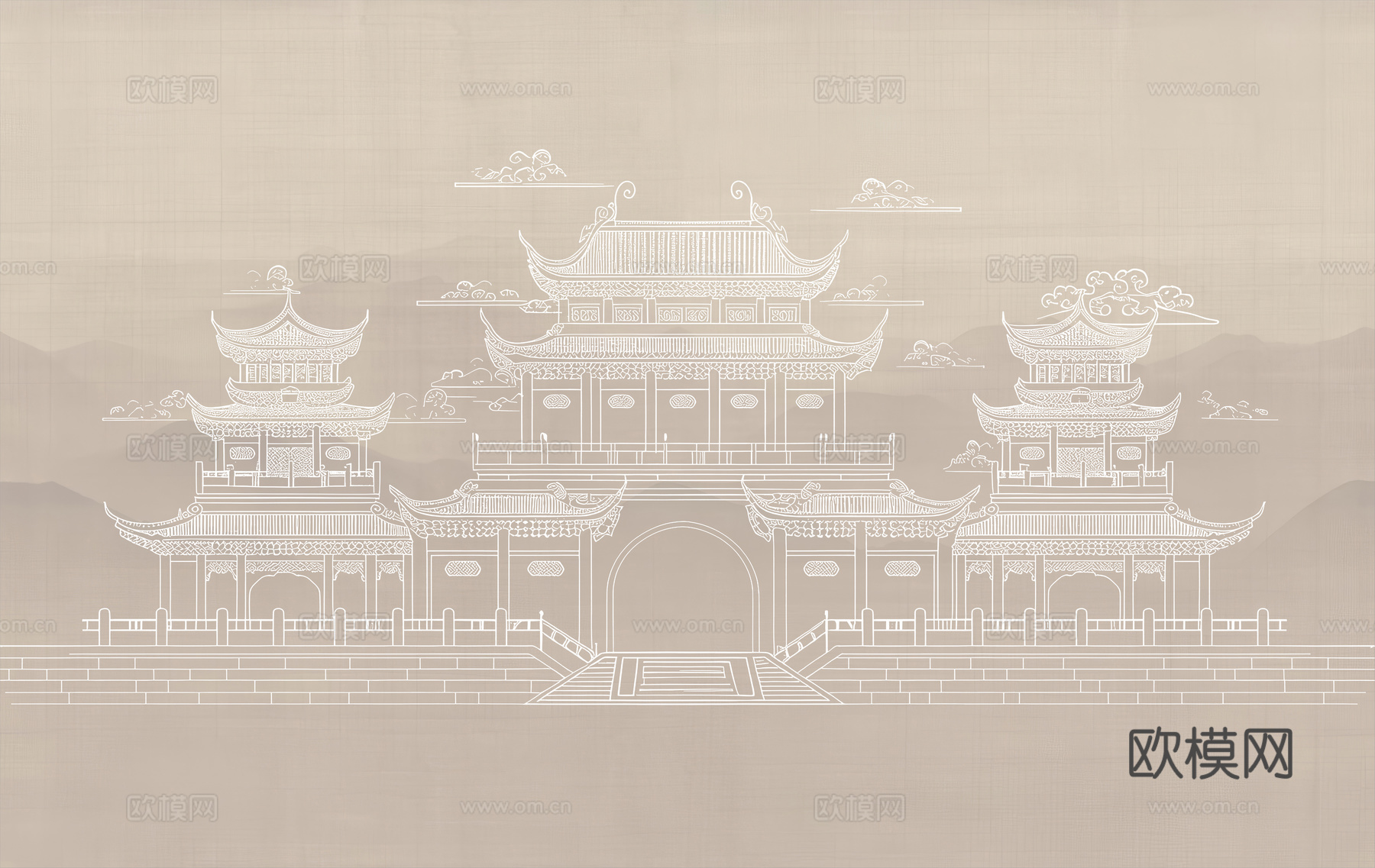新中式亭台楼阁中式建筑线条肌理工装背景墙