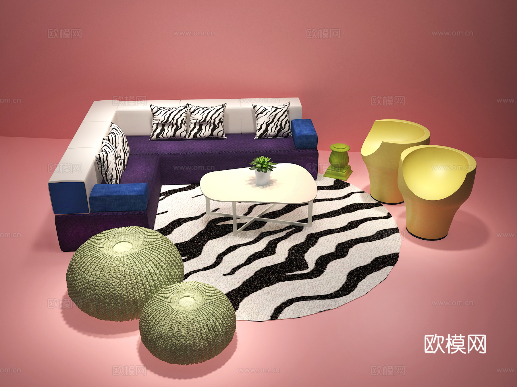现代公司休息区 多人沙发 懒人沙发 单人休闲椅子 茶几3d模型