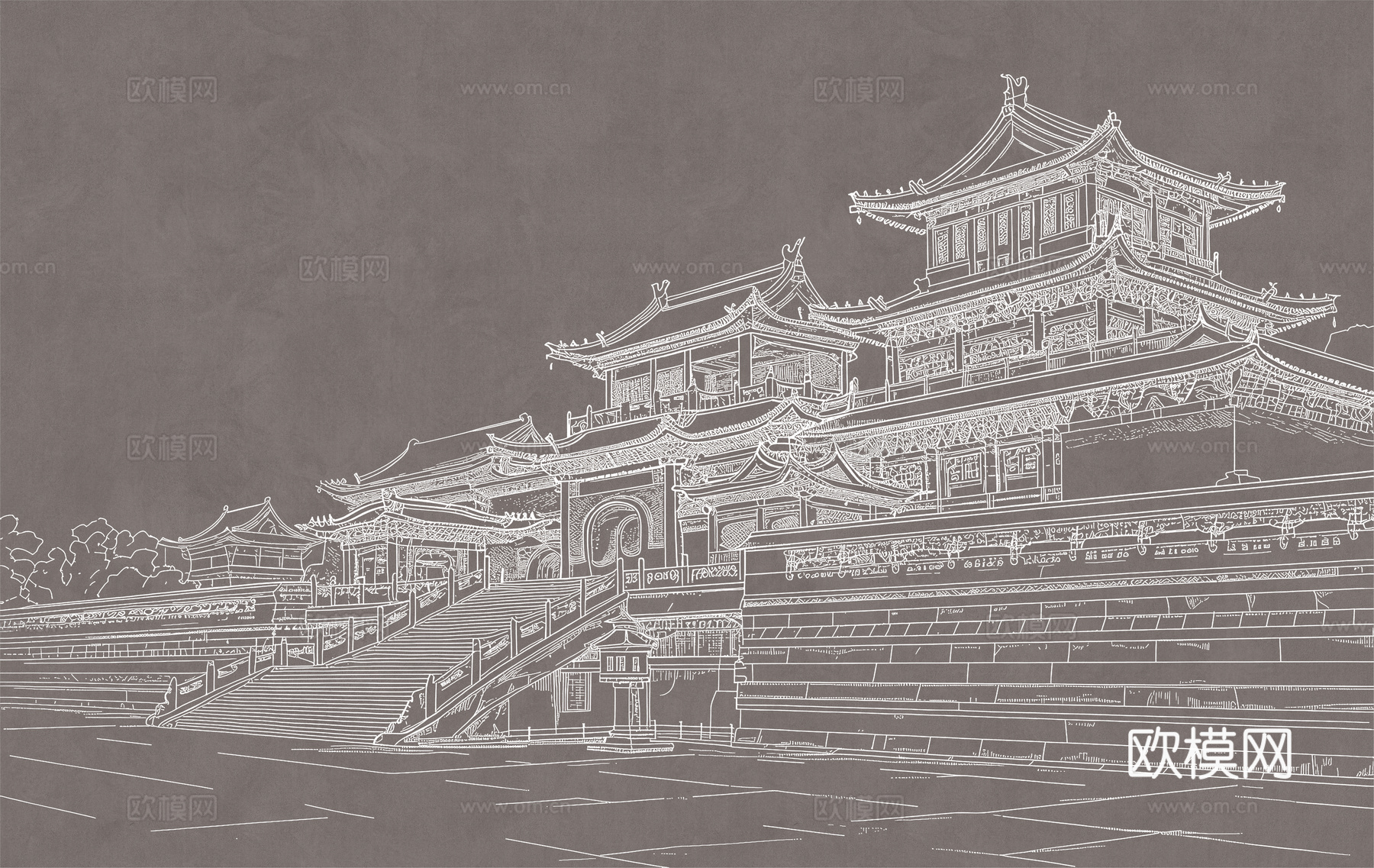 新中式亭台楼阁中式建筑线条肌理工装背景墙