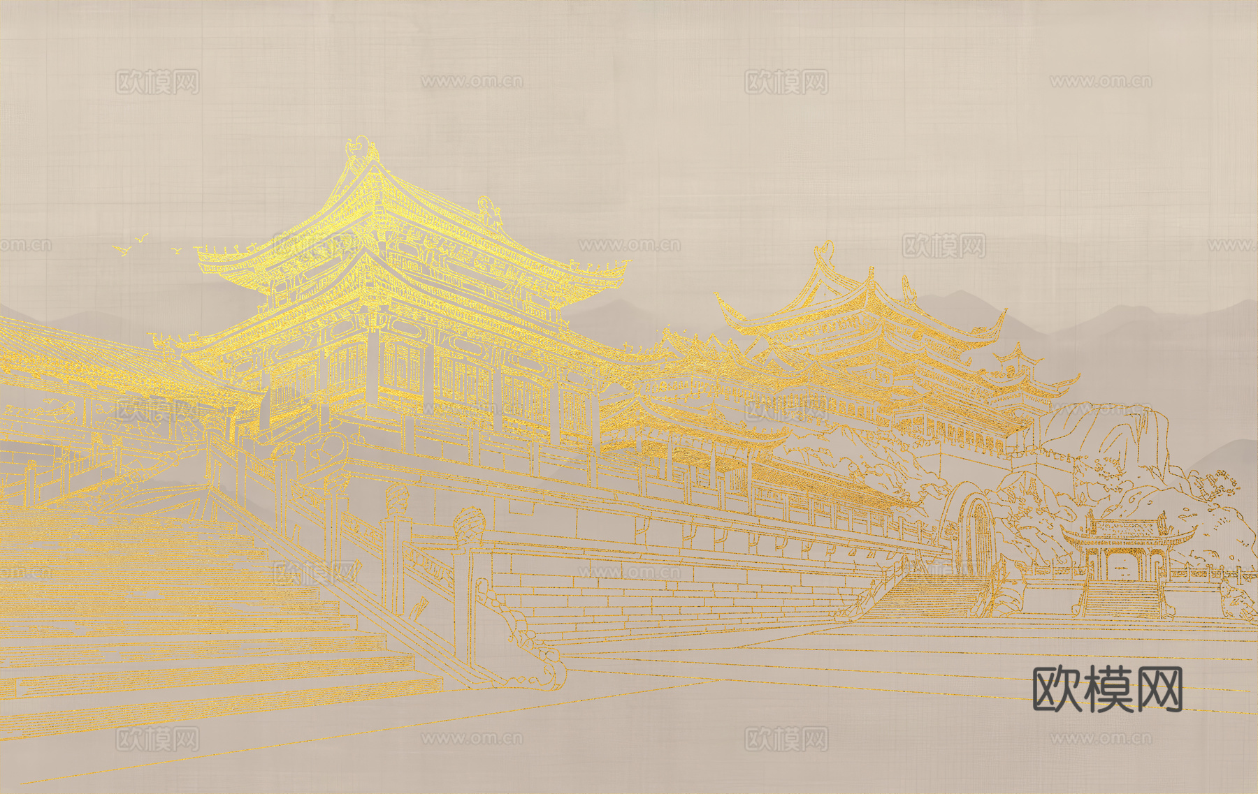 新中式亭台楼阁中式建筑线条肌理工装背景墙