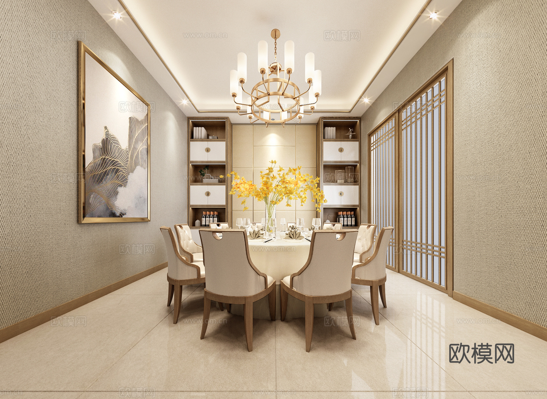 新中式餐厅包间  餐桌椅  吊灯 挂画3d模型