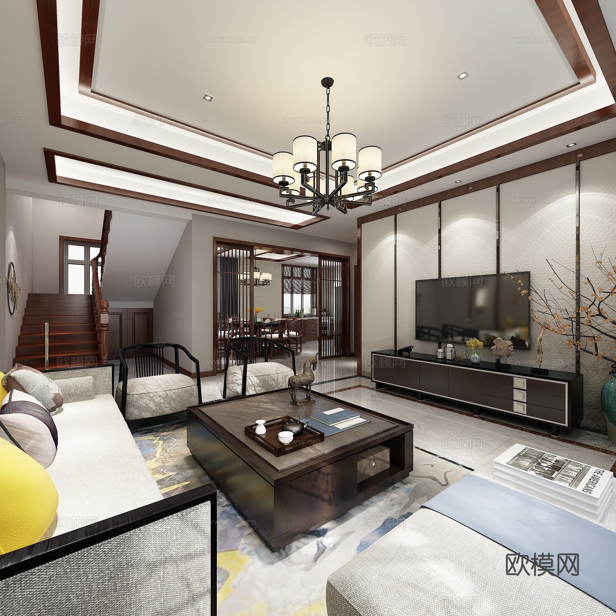 新中式客餐厅 吊灯 台灯 多人沙发 单人沙发 茶几 装饰3d模型