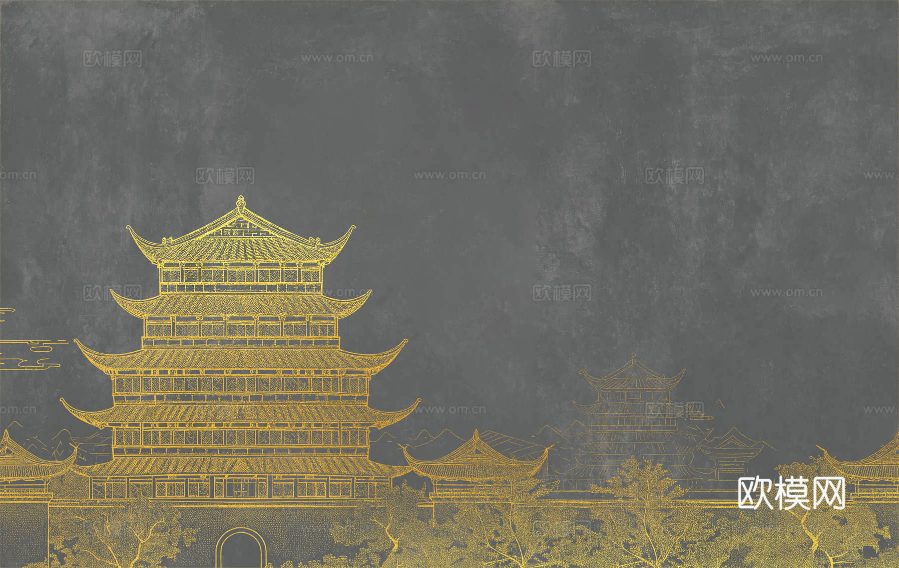新中式亭台楼阁中式建筑线条肌理工装背景墙