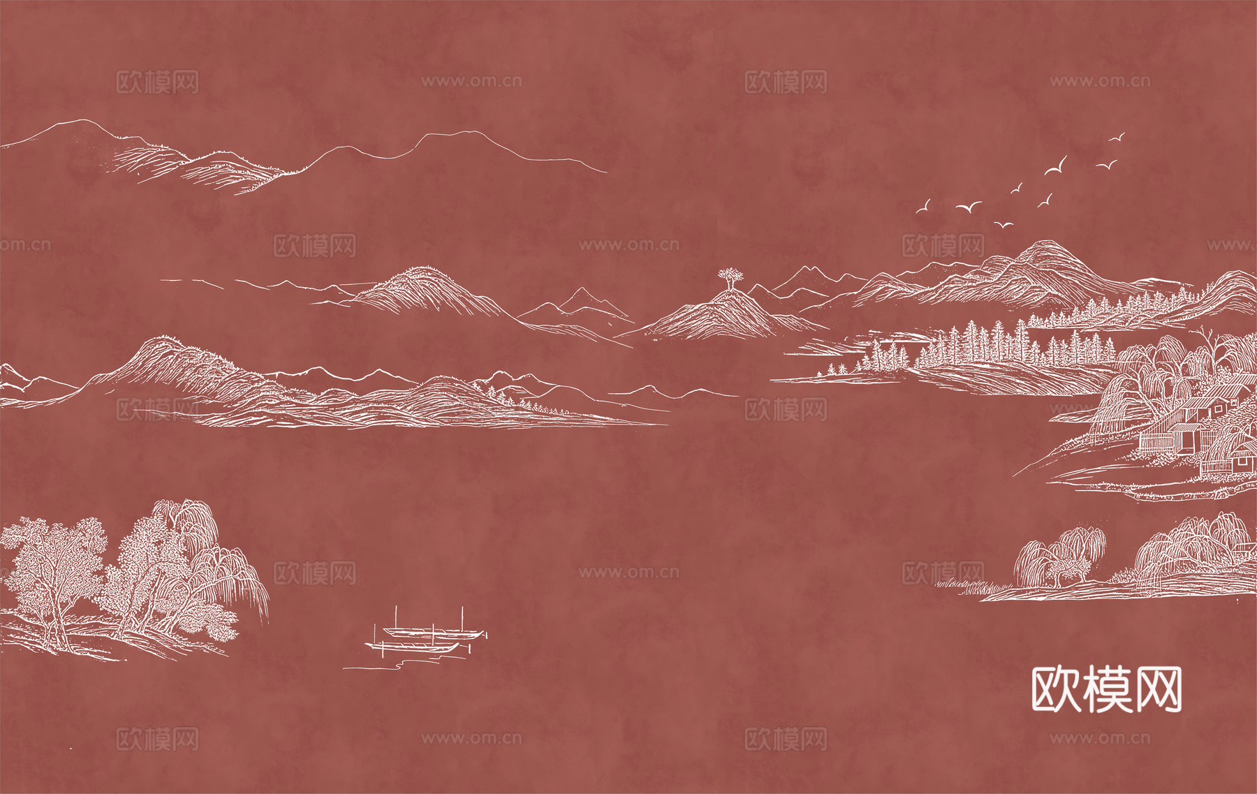 新中式亭台楼阁中式建筑线条肌理工装背景墙下载（渲染图1）