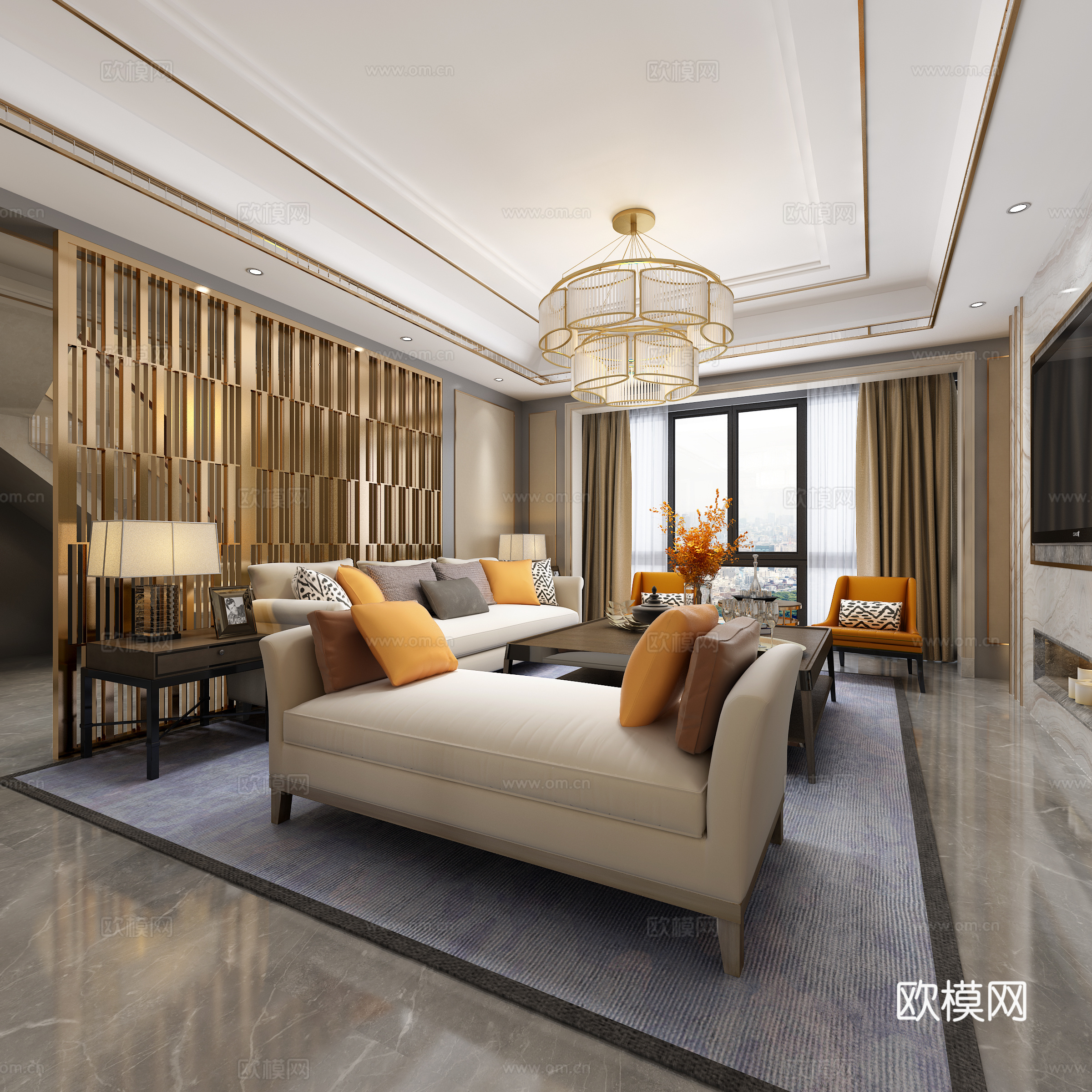 现代客餐厅厨房 吊灯 多人沙发 茶几 台灯 餐桌椅 隔断3d模型
