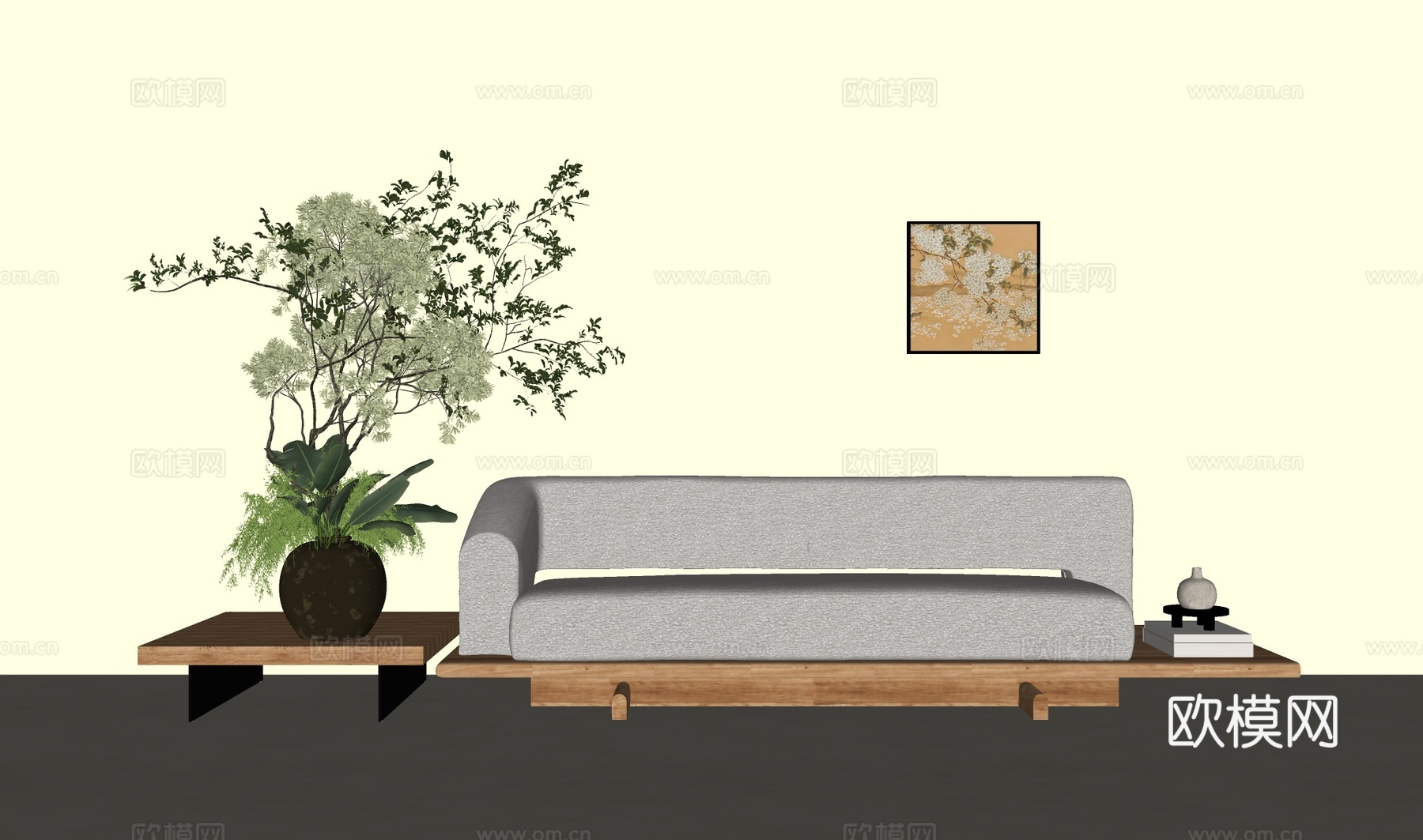 日式直排沙发 绿植盆栽 挂画su模型