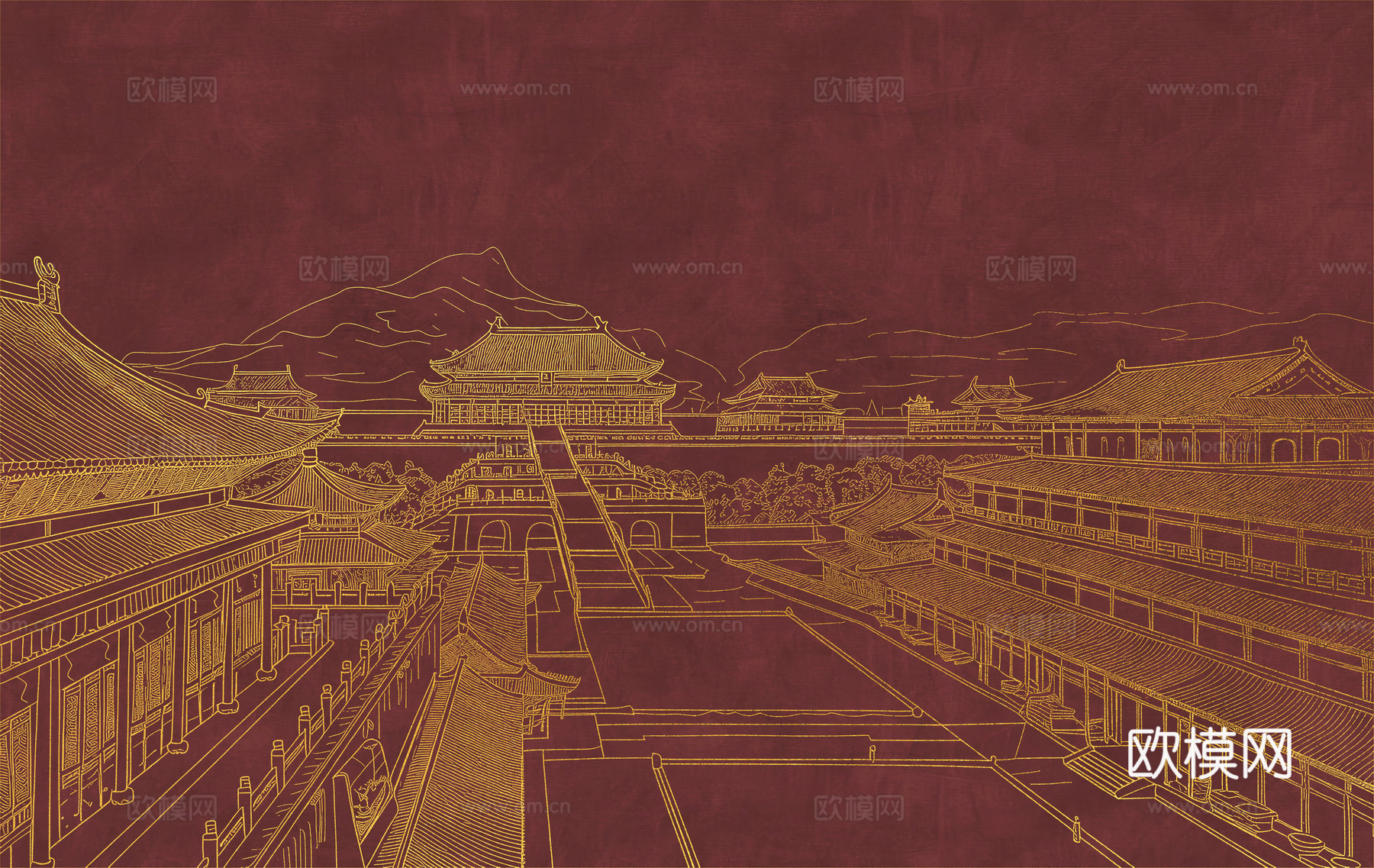 新中式亭台楼阁中式建筑线条肌理工装背景墙